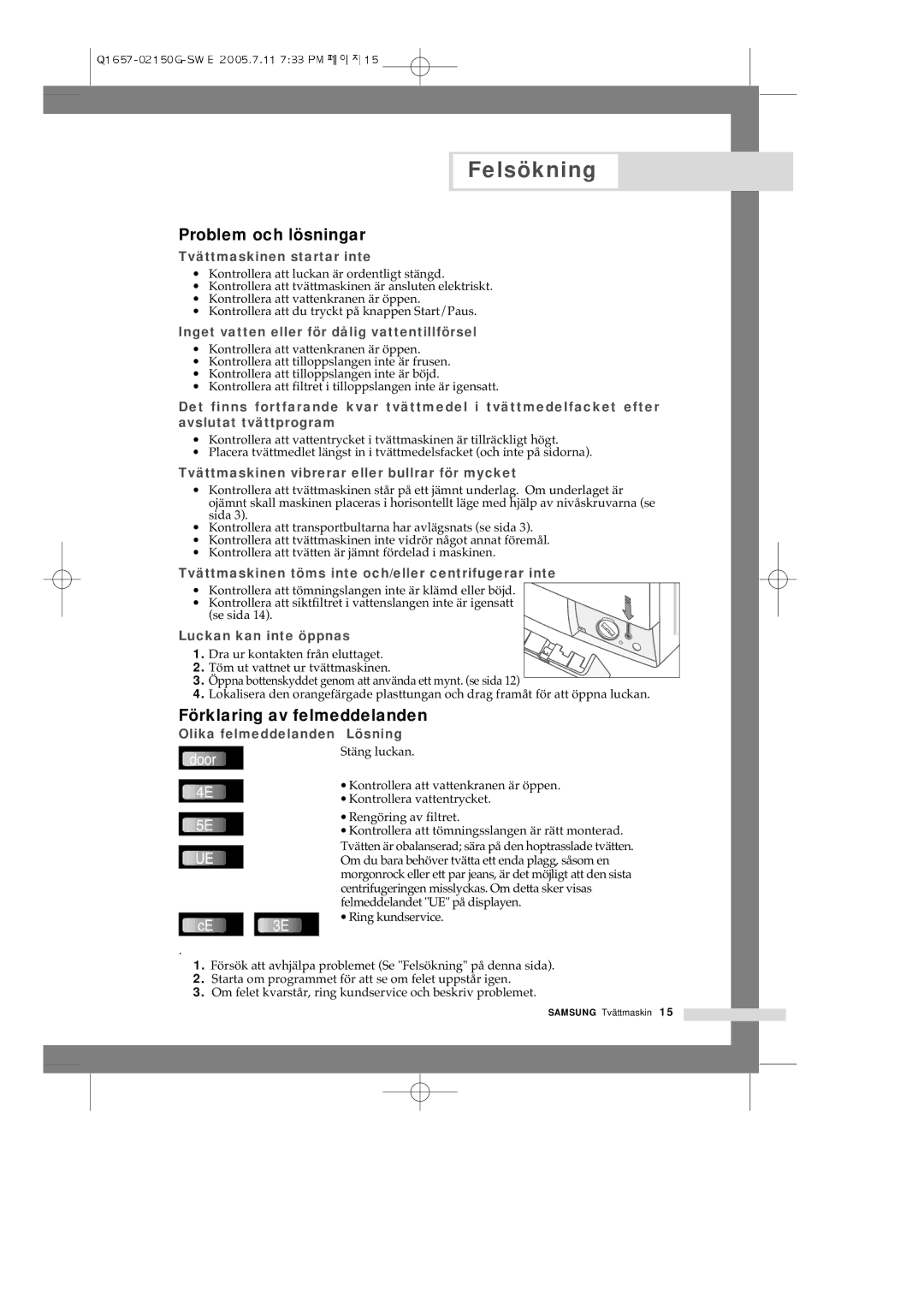 Samsung Q1657ATGW/XEE, Q1657ATGW1/XEE manual Felsökning, Problem och lösningar, Förklaring av felmeddelanden 