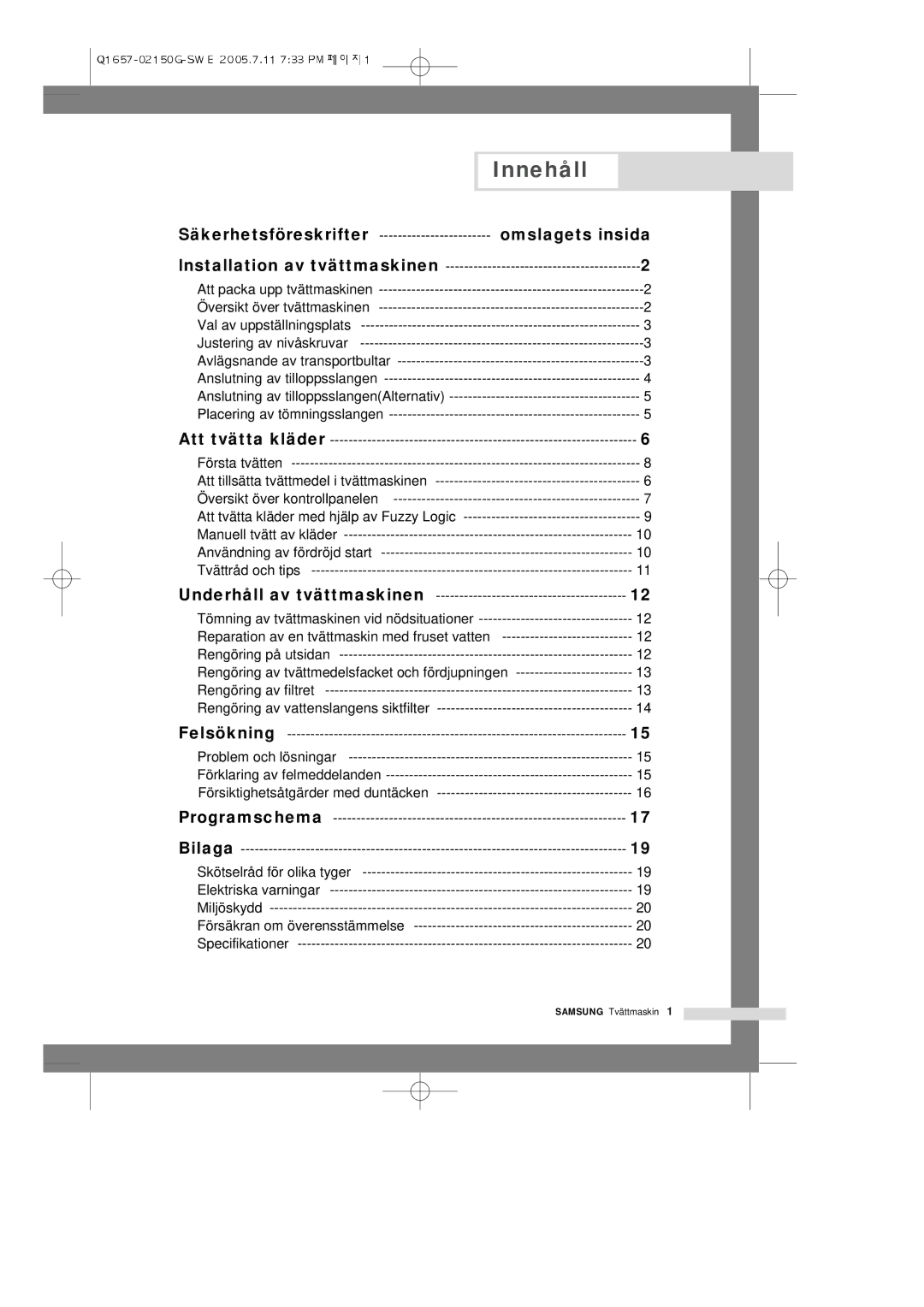 Samsung Q1657ATGW/XEE, Q1657ATGW1/XEE manual Innehåll, Omslagets insida 