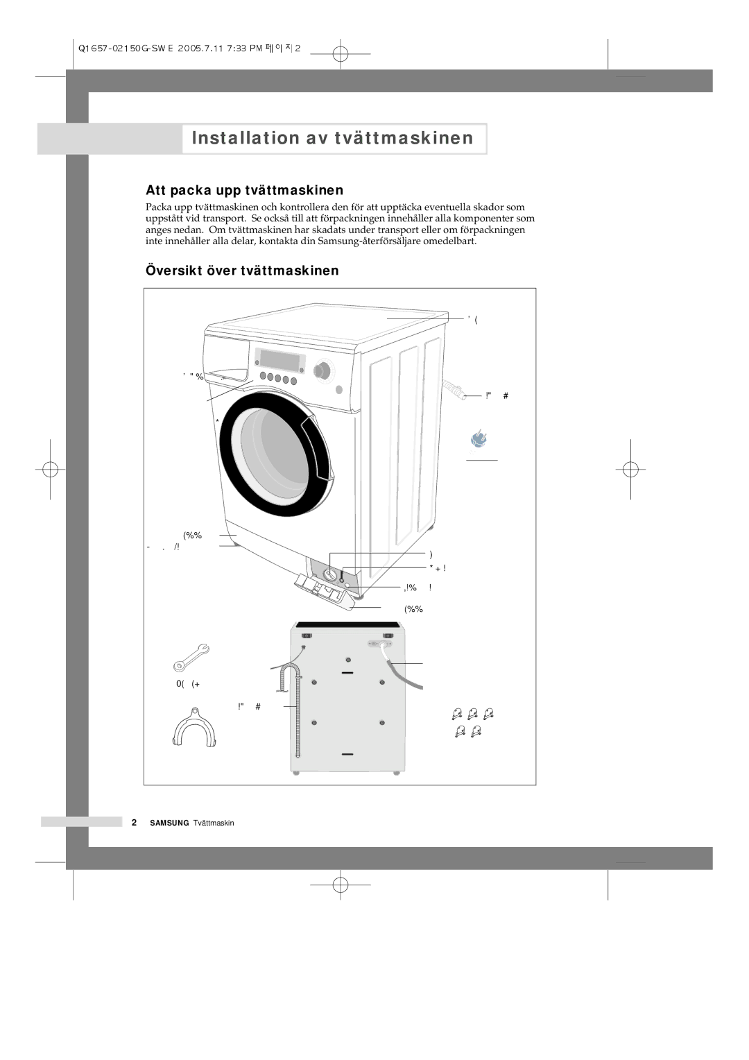 Samsung Q1657ATGW1/XEE manual Lnstallation av tvättmaskinen, Att packa upp tvättmaskinen, Översikt över tvättmaskinen 