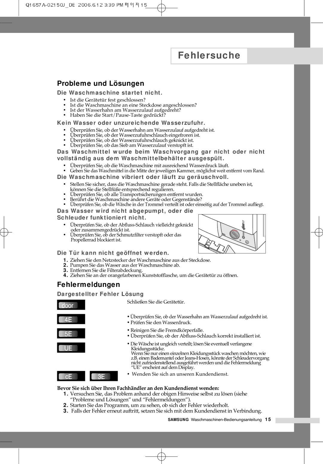 Samsung Q1457ATGW/XEG, Q1657ATGW/XEG, Q1457ATGW/XEE, Q1457ATGW/XEH manual Fehlersuche, Probleme und Lösungen, Fehlermeldungen 