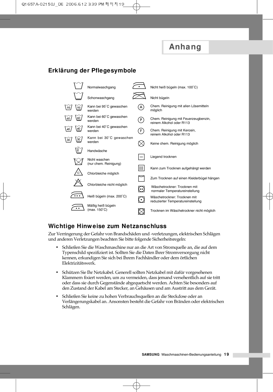 Samsung Q1657ATGW/XEE, Q1657ATGW/XEG manual Anhang, Erklärung der Pflegesymbole, Wichtige Hinweise zum Netzanschluss 