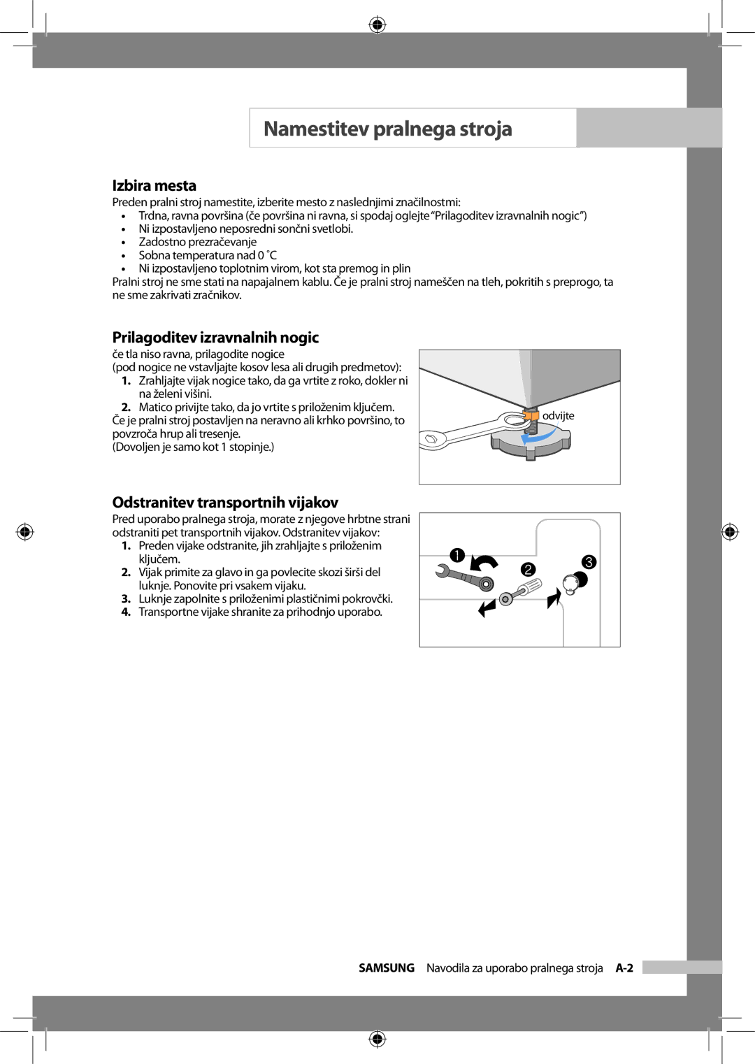 Samsung Q1457ATGW1/XEH, Q1657ATGW/XEG manual Izbira mesta, Prilagoditev izravnalnih nogic, Odstranitev transportnih vijakov 