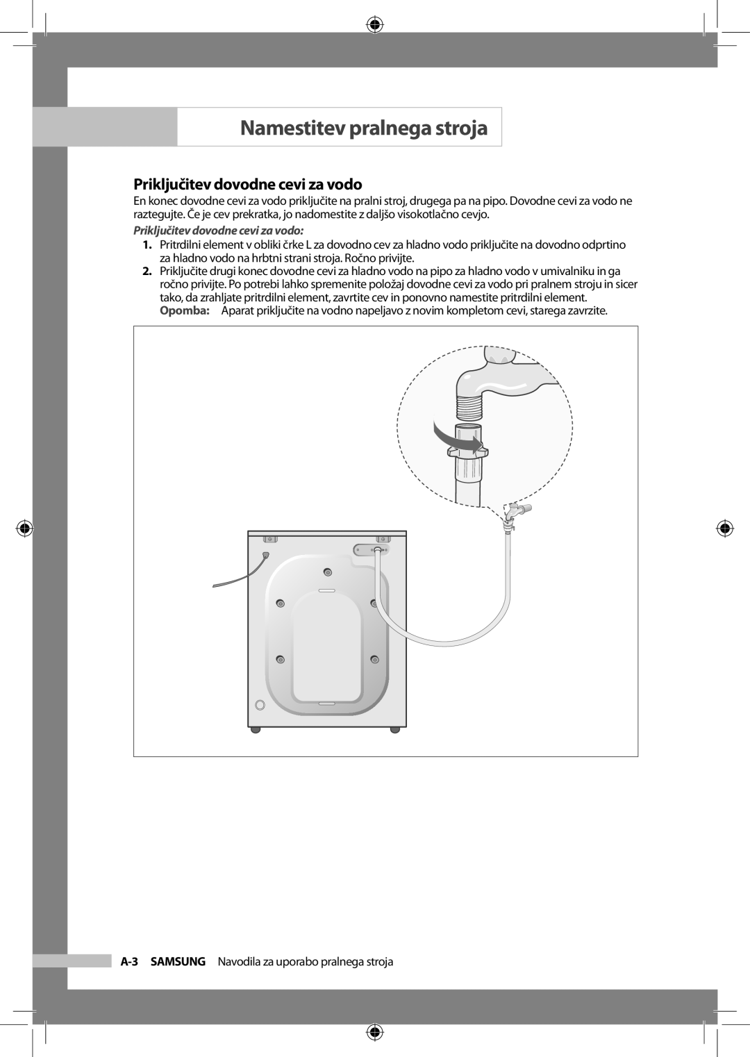 Samsung Q1657ATGW/XEG, Q1457ATGW/XEG, Q1457ATGW/XEE, Q1457ATGW/XEH, Q1657ATGW1/XEE manual Priključitev dovodne cevi za vodo 