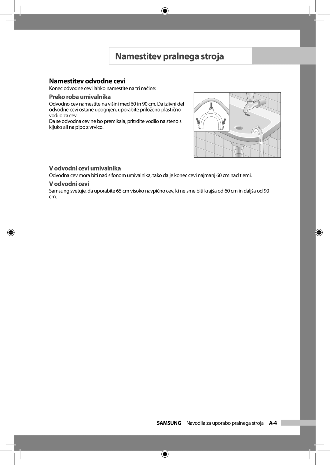 Samsung Q1457ATGW/XEG, Q1657ATGW/XEG, Q1457ATGW/XEE Namestitev odvodne cevi, Preko roba umivalnika, Odvodni cevi umivalnika 