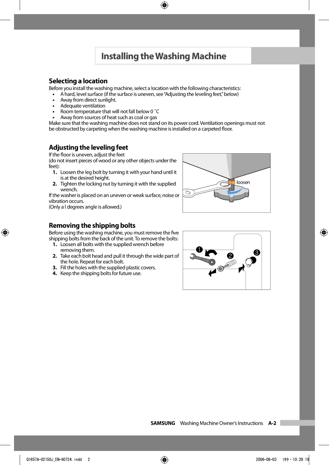 Samsung Q1657ATGW/XEG, Q1457ATGW/XEG manual Selecting a location, Adjusting the leveling feet, Removing the shipping bolts 