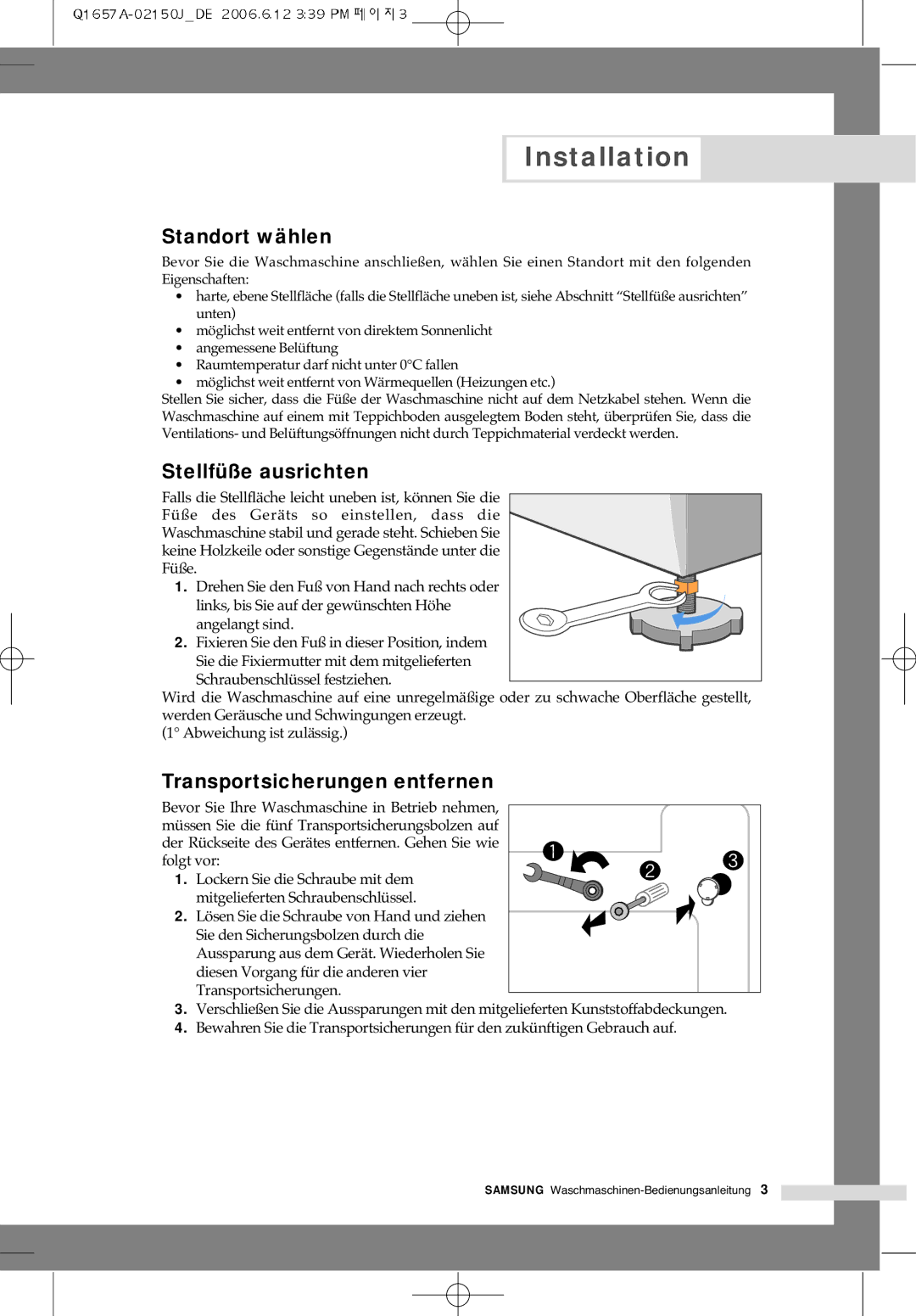 Samsung Q1657ATGW1/XAG, Q1657ATGW/XEG, Q1457ATGW/XEG Standort wählen, Stellfüße ausrichten, Transportsicherungen entfernen 