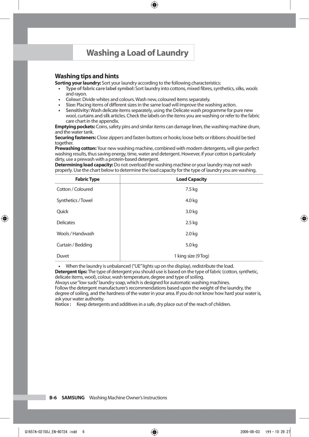 Samsung Q1657ATGW/XEG, Q1457ATGW/XEG, Q1457ATGW/XEE, Q1457ATGW/XEH manual Washing tips and hints, Fabric Type Load Capacity 