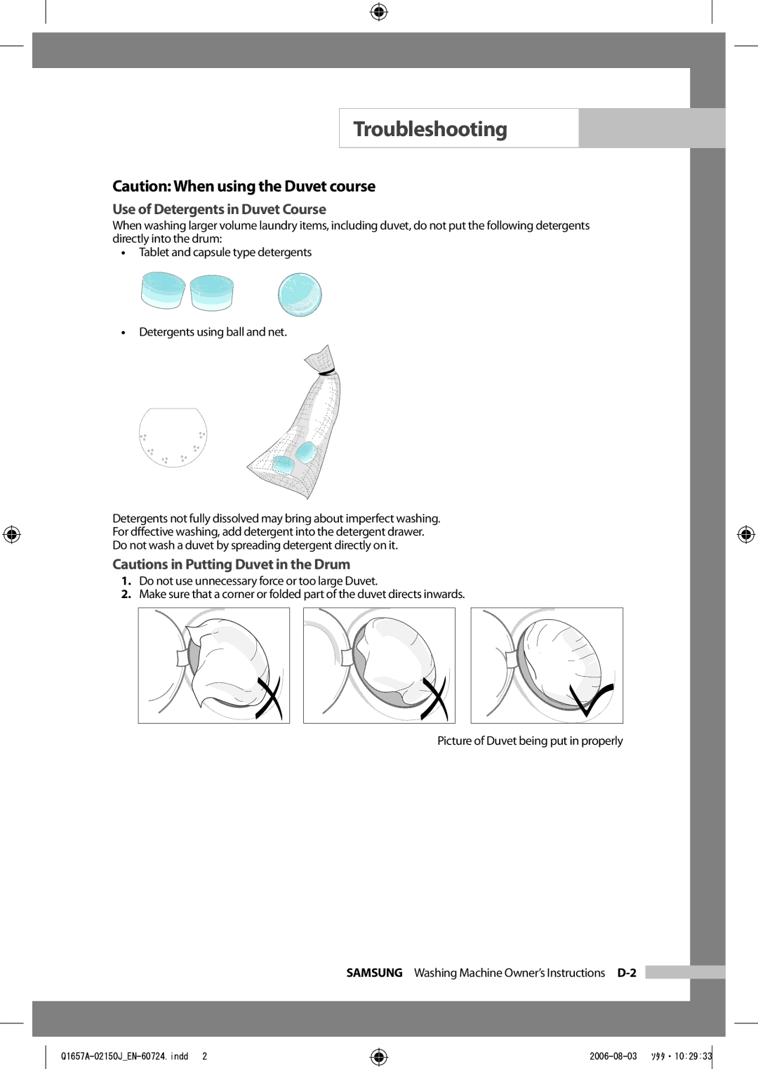 Samsung Q1657ATGW/XEE, Q1657ATGW/XEG, Q1457ATGW/XEG, Q1457ATGW/XEE, Q1457ATGW/XEH manual Use of Detergents in Duvet Course 