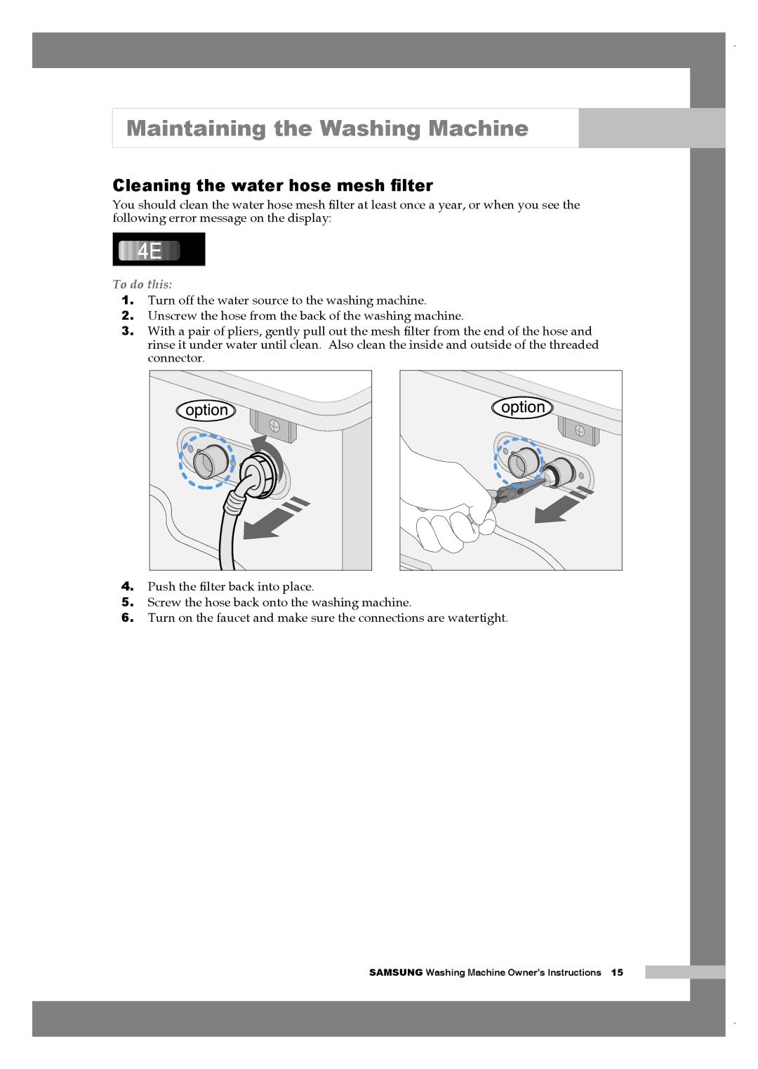 Samsung Q1657ATGW1/XEE, Q1657ATGW/XEG, Q1657AVGW/XEF, Q1457ATGW/XEE, Q1457AVGW/XEF manual Cleaning the water hose mesh ﬁlter 