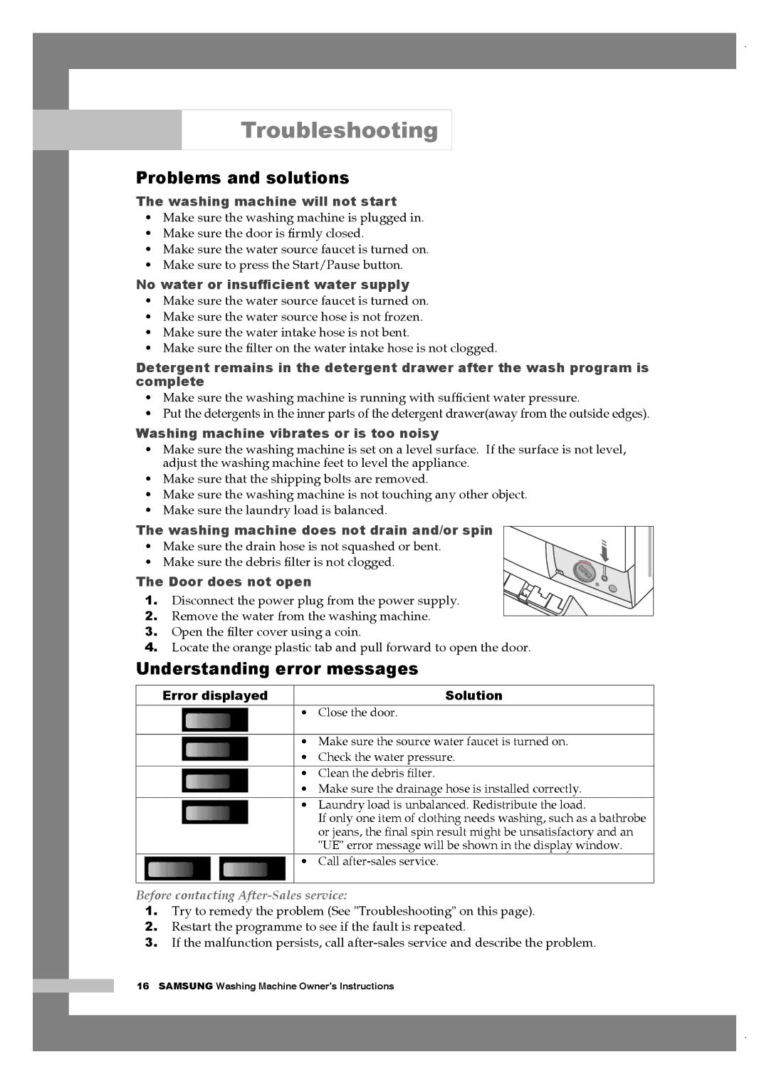 Samsung Q1657ATGW/XEE, Q1657ATGW/XEG, Q1657AVGW/XEF Troubleshooting, Problems and solutions, Understanding error messages 