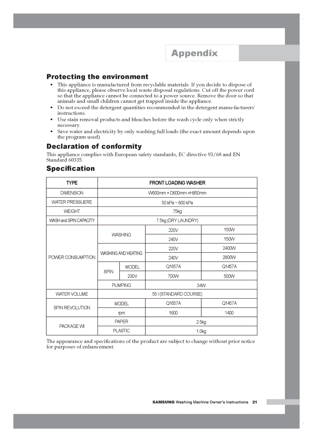 Samsung Q1657AVGW/XEF, Q1657ATGW/XEG, Q1457ATGW/XEE Protecting the environment, Declaration of conformity, Speciﬁcation 