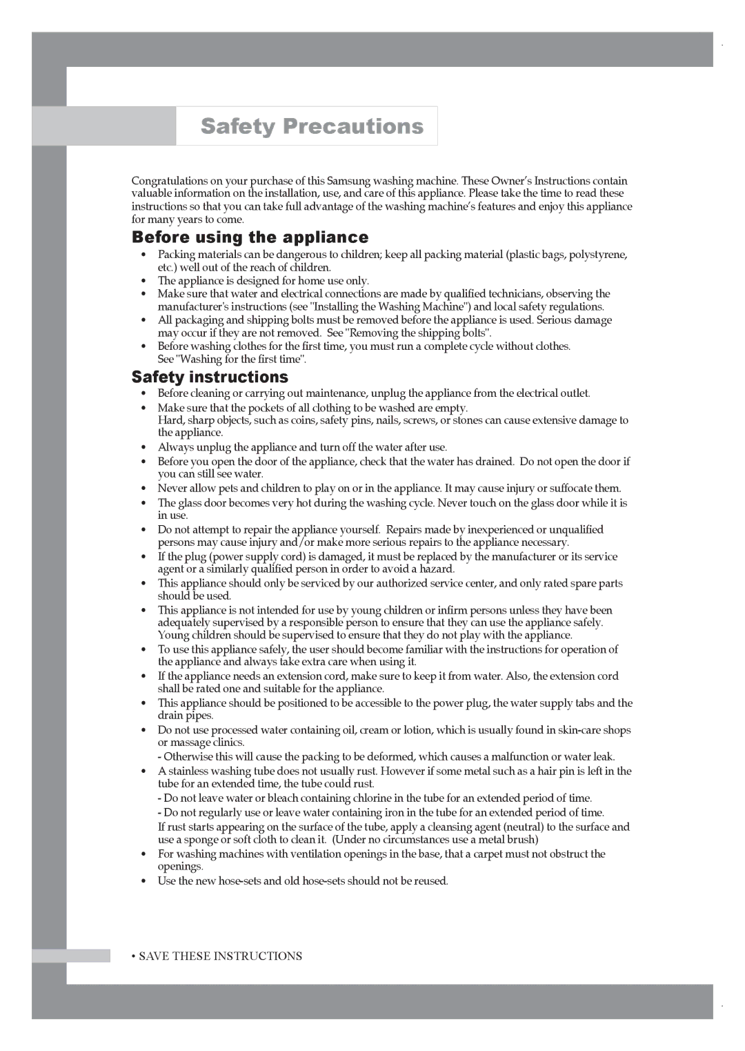 Samsung Q1657AVGW1/XEF, Q1657ATGW/XEG, Q1657AVGW/XEF Safety Precautions, Before using the appliance, Safety instructions 