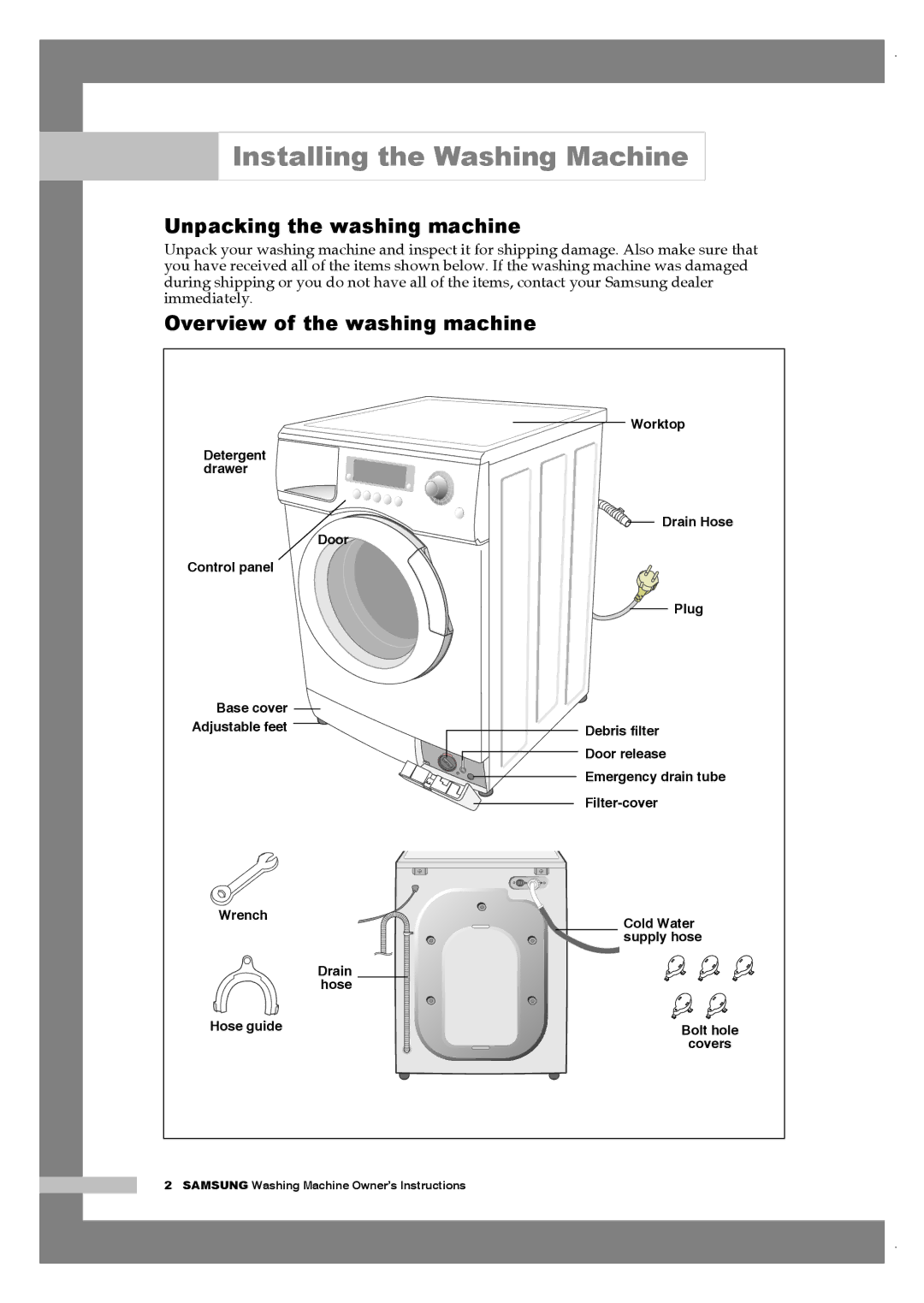 Samsung Q1457ATGW/XEH manual Installing the Washing Machine, Unpacking the washing machine, Overview of the washing machine 