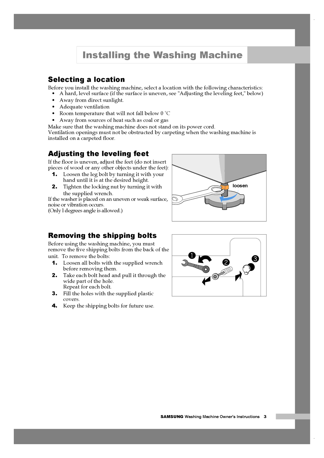 Samsung Q1657ATGW1/XEE, Q1657ATGW/XEG manual Selecting a location, Adjusting the leveling feet, Removing the shipping bolts 