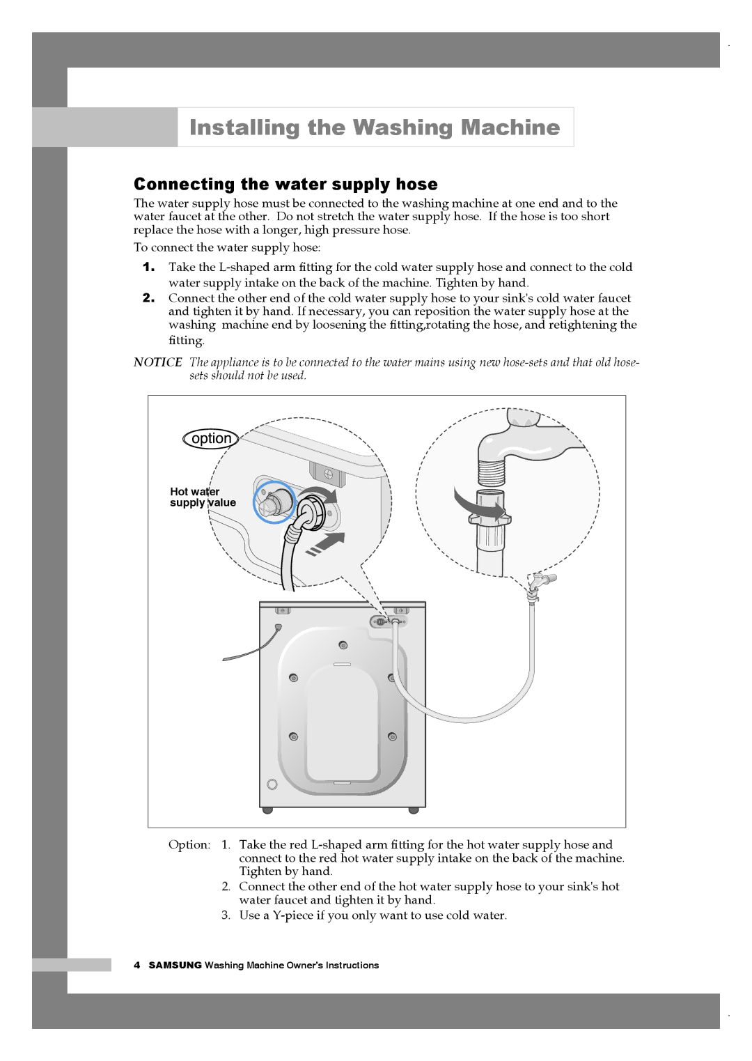 Samsung Q1657ATGW/XEE, Q1657ATGW/XEG, Q1657AVGW/XEF, Q1457ATGW/XEE, Q1457AVGW/XEF manual Connecting the water supply hose 