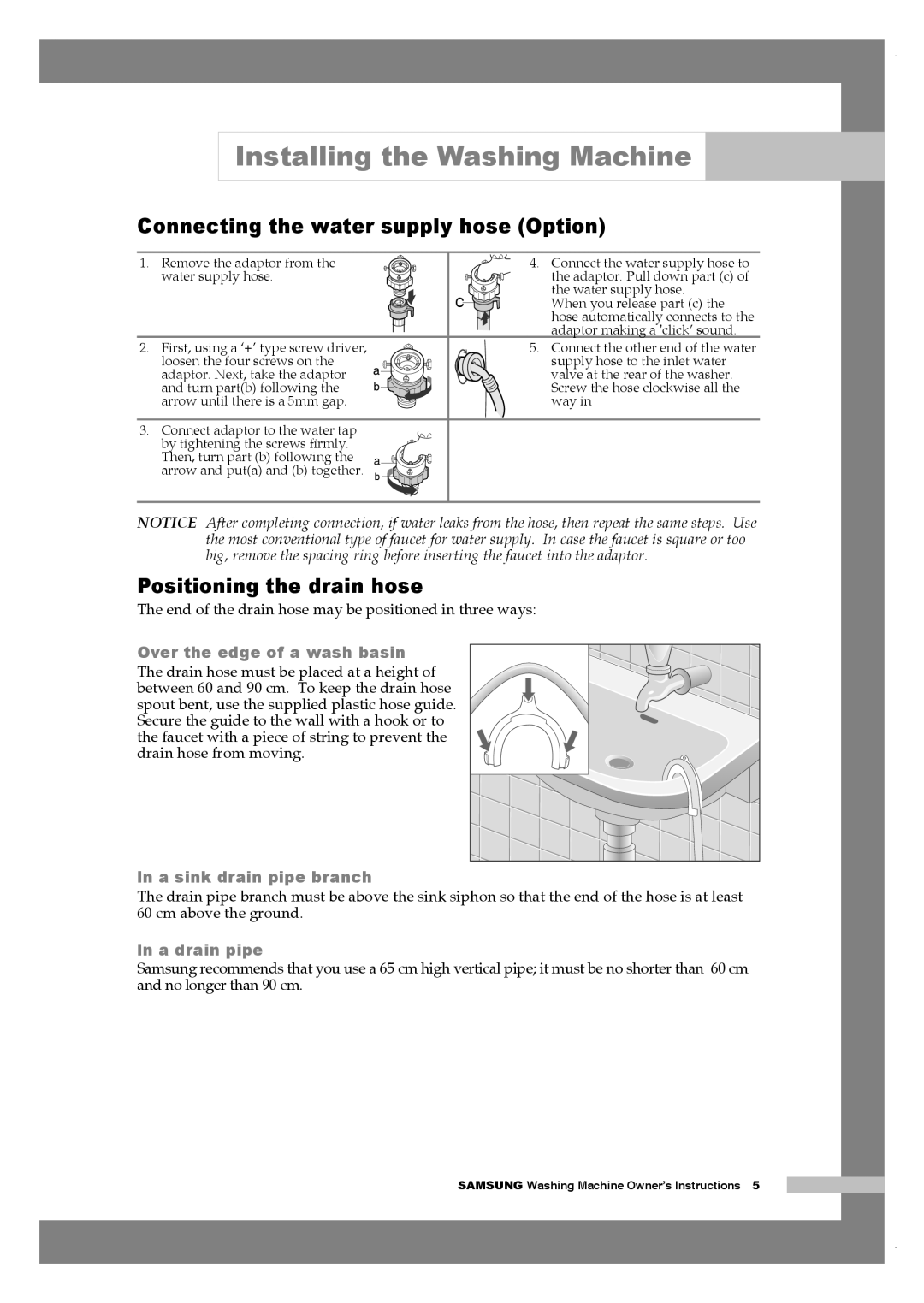 Samsung Q1657ATGW/XEO, Q1657ATGW/XEG, Q1657AVGW/XEF Connecting the water supply hose Option, Positioning the drain hose 