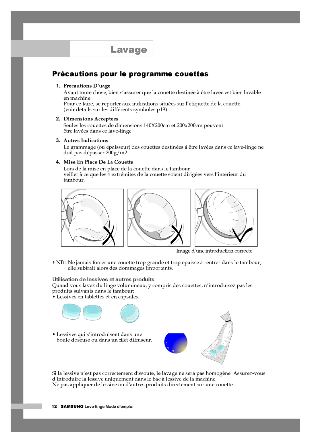 Samsung Q1457AVGW1/XEF, Q1657AVGW/XEF Précautions pour le programme couettes, Precautions D’uage, Dimensions Acceptees 