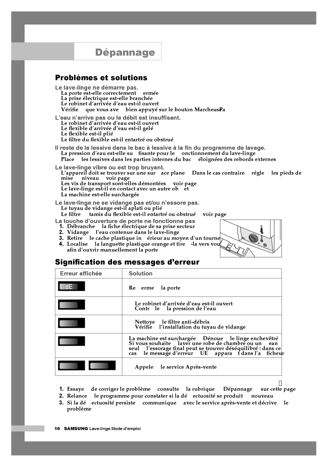 Samsung Q1657AVGW1/XEF, Q1657AVGW/XEF, Q1457AVGW/XEF Dépannage, Problèmes et solutions, Signiﬁcation des messages d’erreur 