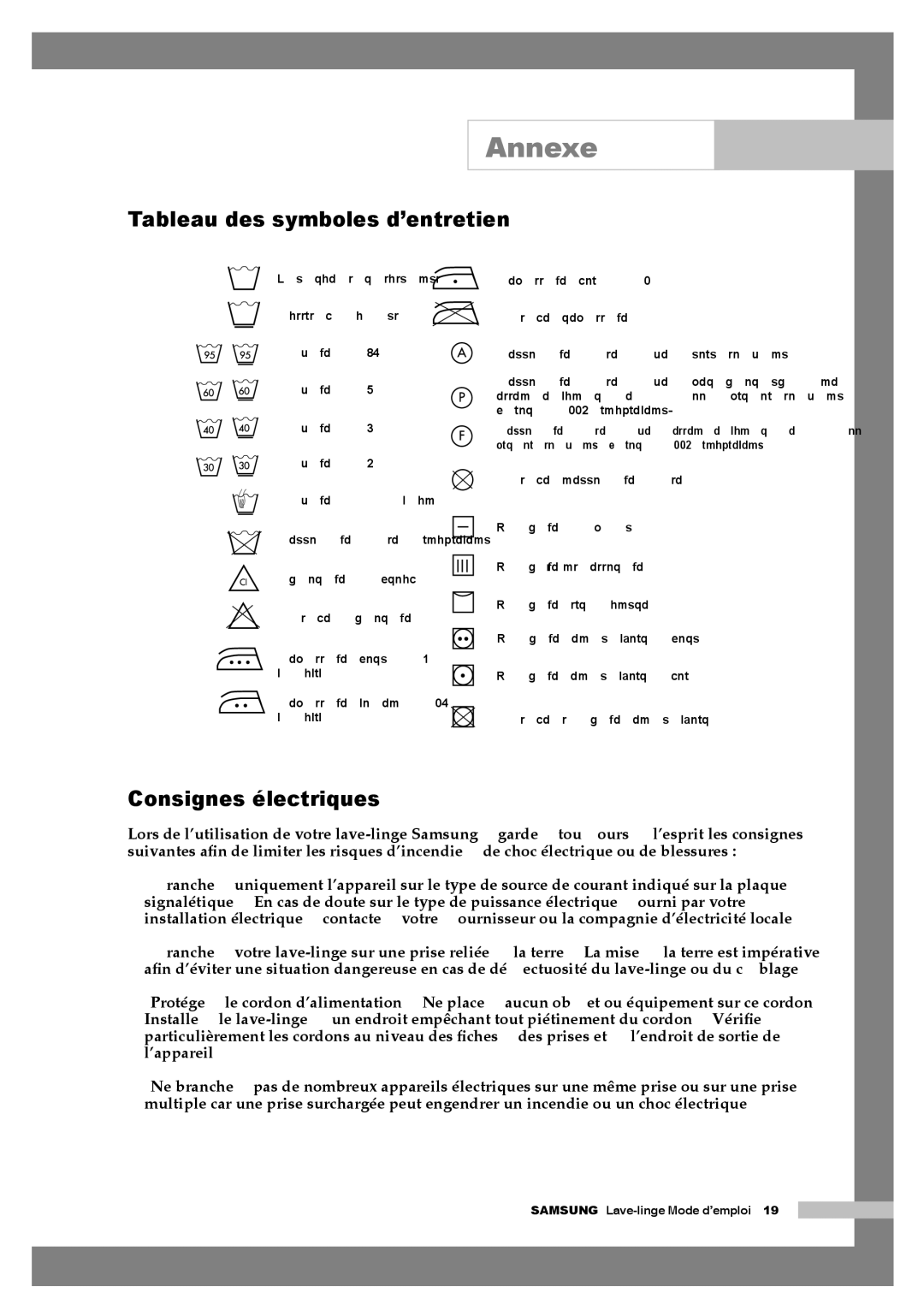 Samsung Q1457AVGW/XEF, Q1657AVGW/XEF, Q1457AVGS1/XEF manual Annexe, Tableau des symboles d’entretien, Consignes électriques 