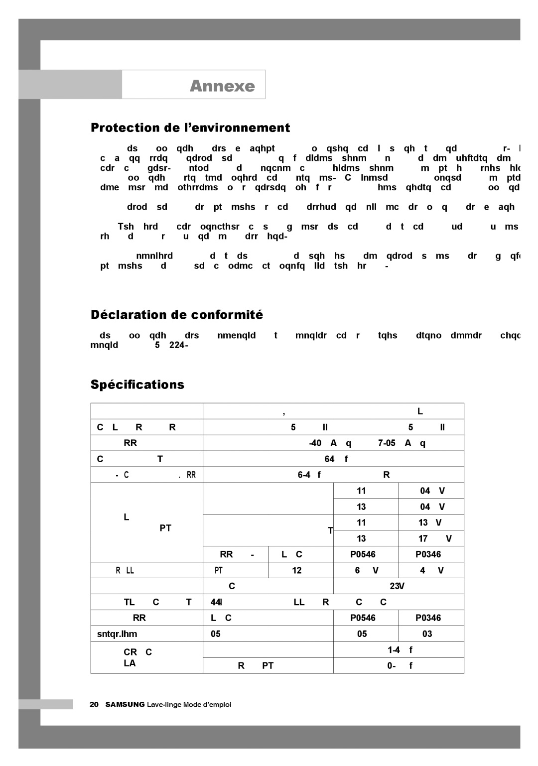 Samsung Q1457AVGS1/XEF, Q1657AVGW/XEF manual Protection de l’environnement, Déclaration de conformité, Spéciﬁcations 