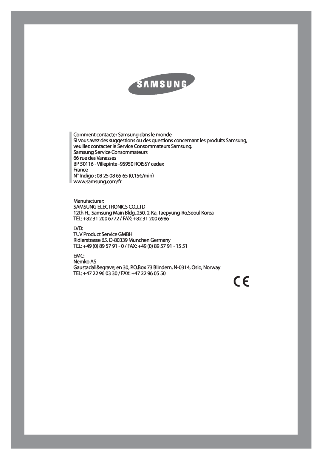 Samsung Q1457AVGW1/XEF, Q1657AVGW/XEF, Q1457AVGW/XEF, Q1457AVGS1/XEF, Q1657AVGW1/XEF Comment contacter Samsung dans le monde 
