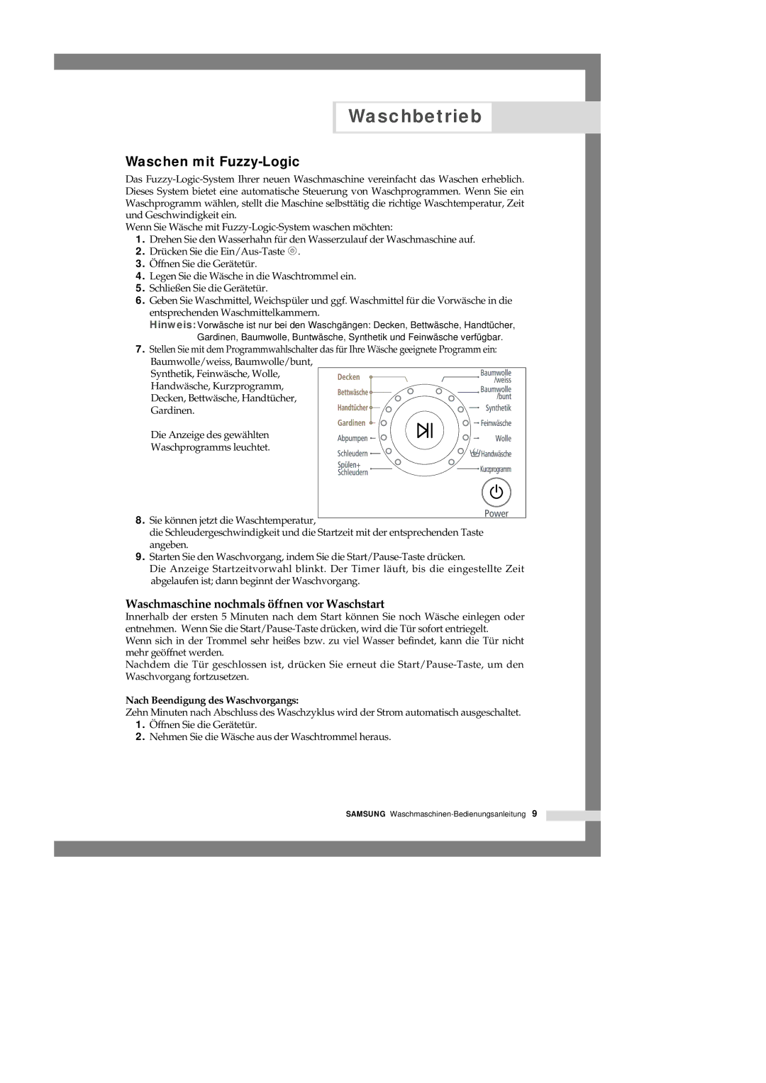 Samsung Q1457GW/XEG, Q1657GW/XEG manual Waschen mit Fuzzy-Logic, Waschmaschine nochmals öffnen vor Waschstart 