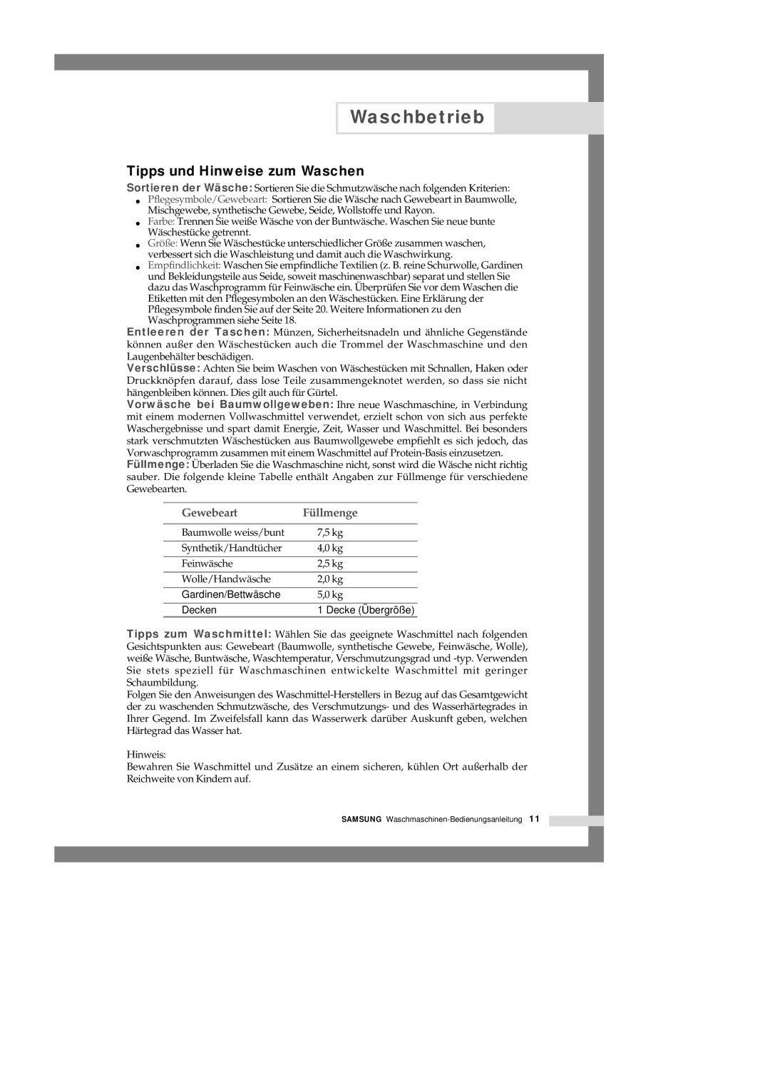 Samsung Q1457GW/XEG, Q1657GW/XEG manual Tipps und Hinweise zum Waschen, Gewebeart Füllmenge 