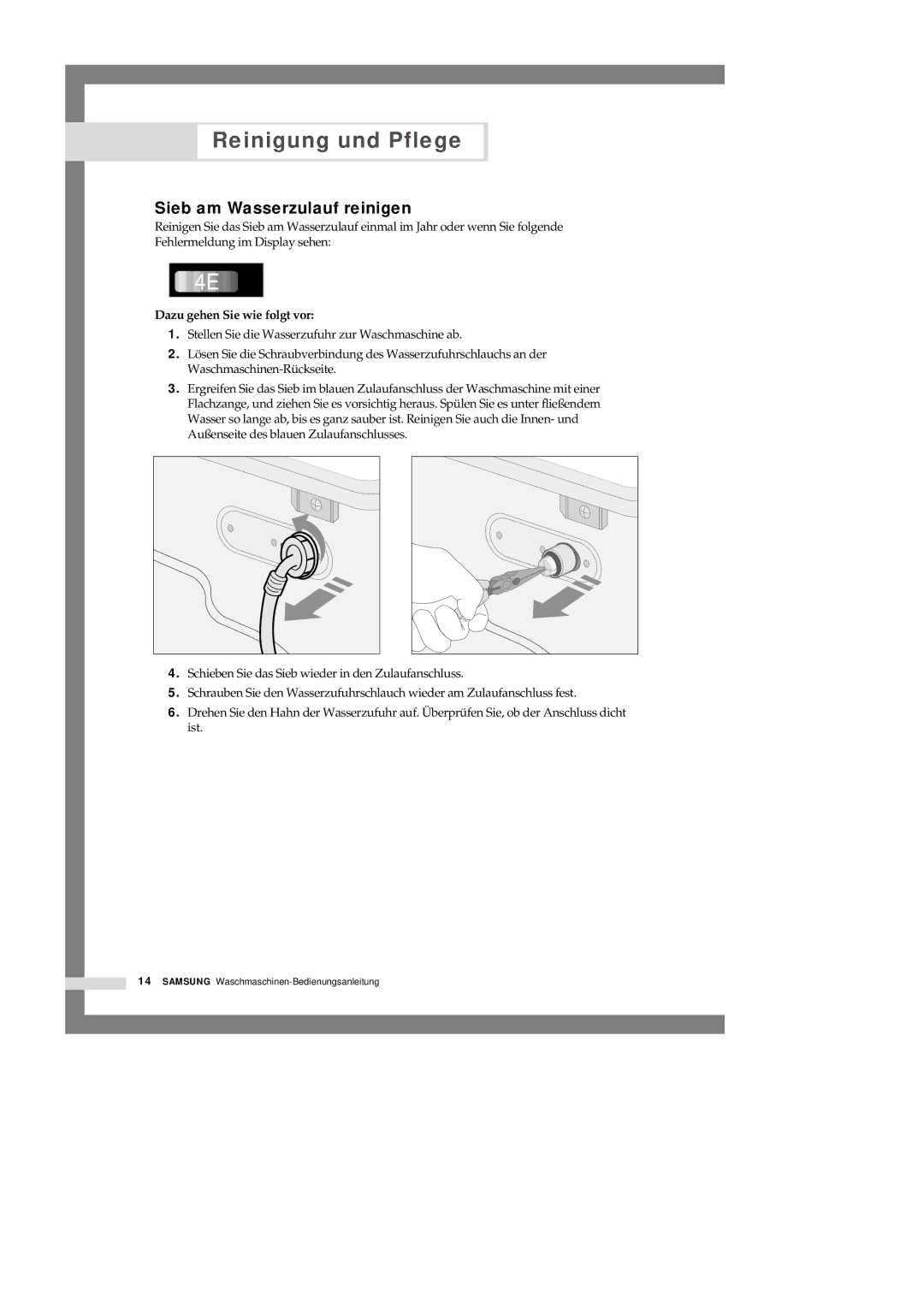 Samsung Q1657GW/XEG, Q1457GW/XEG manual Sieb am Wasserzulauf reinigen, Dazu gehen Sie wie folgt vor 