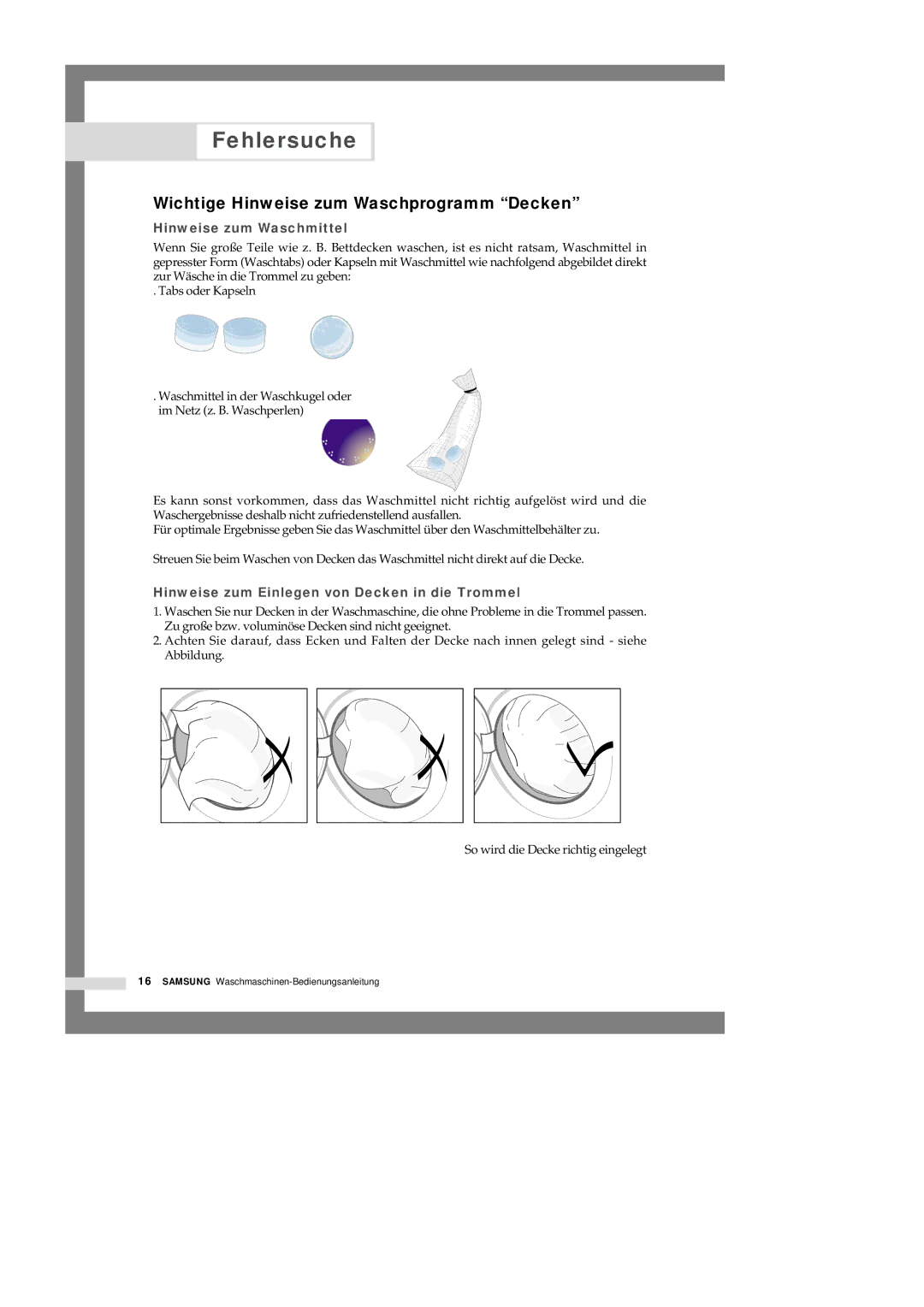 Samsung Q1657GW/XEG, Q1457GW/XEG manual Wichtige Hinweise zum Waschprogramm Decken, Hinweise zum Waschmittel 