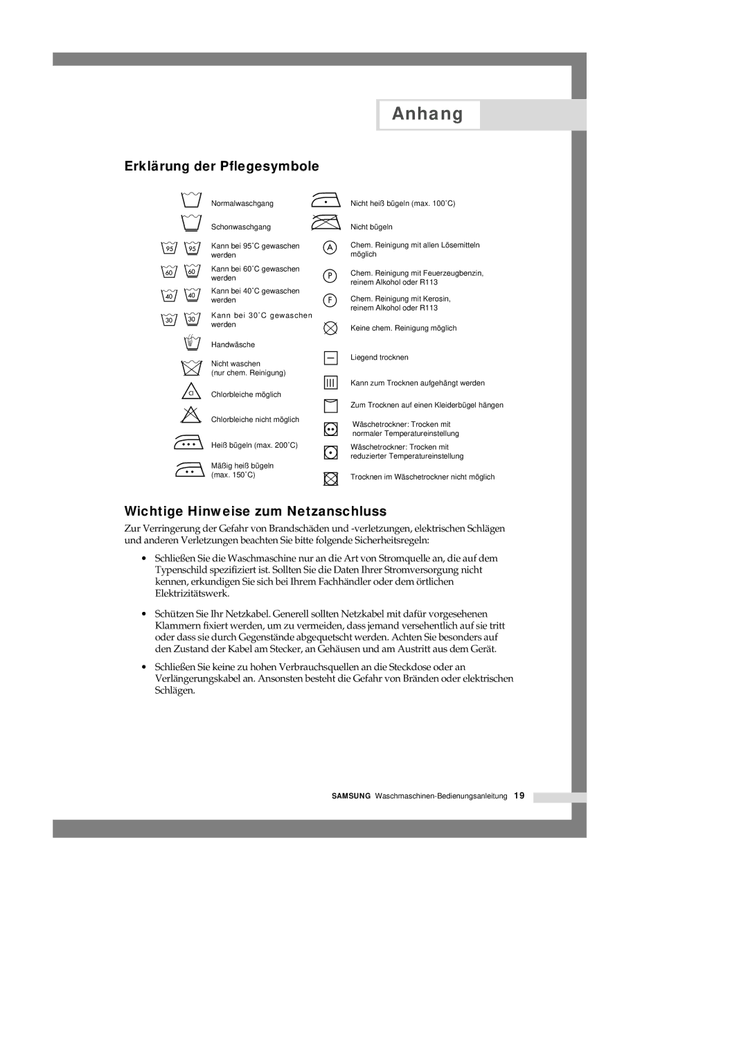 Samsung Q1457GW/XEG, Q1657GW/XEG manual Anhang, Erklärung der Pflegesymbole, Wichtige Hinweise zum Netzanschluss 