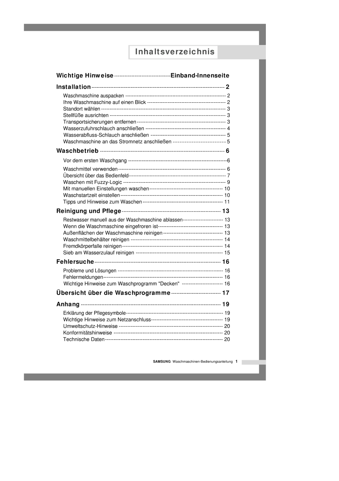 Samsung Q1457GW/XEG, Q1657GW/XEG manual Inhaltsverzeichnis, Einband-Innenseite, Übersicht über die Waschprogramme 