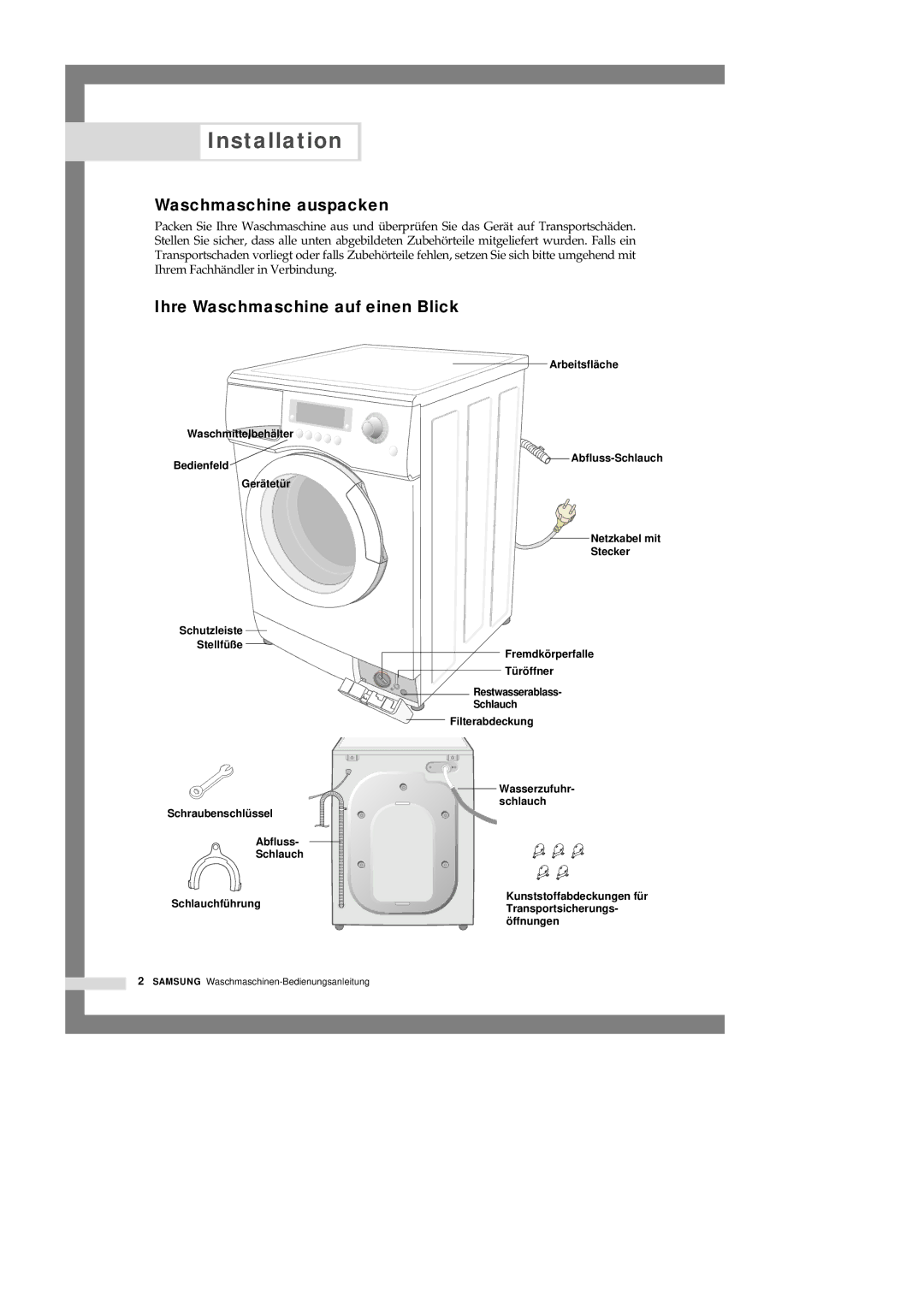 Samsung Q1657GW/XEG, Q1457GW/XEG manual Installation, Waschmaschine auspacken, Ihre Waschmaschine auf einen Blick 