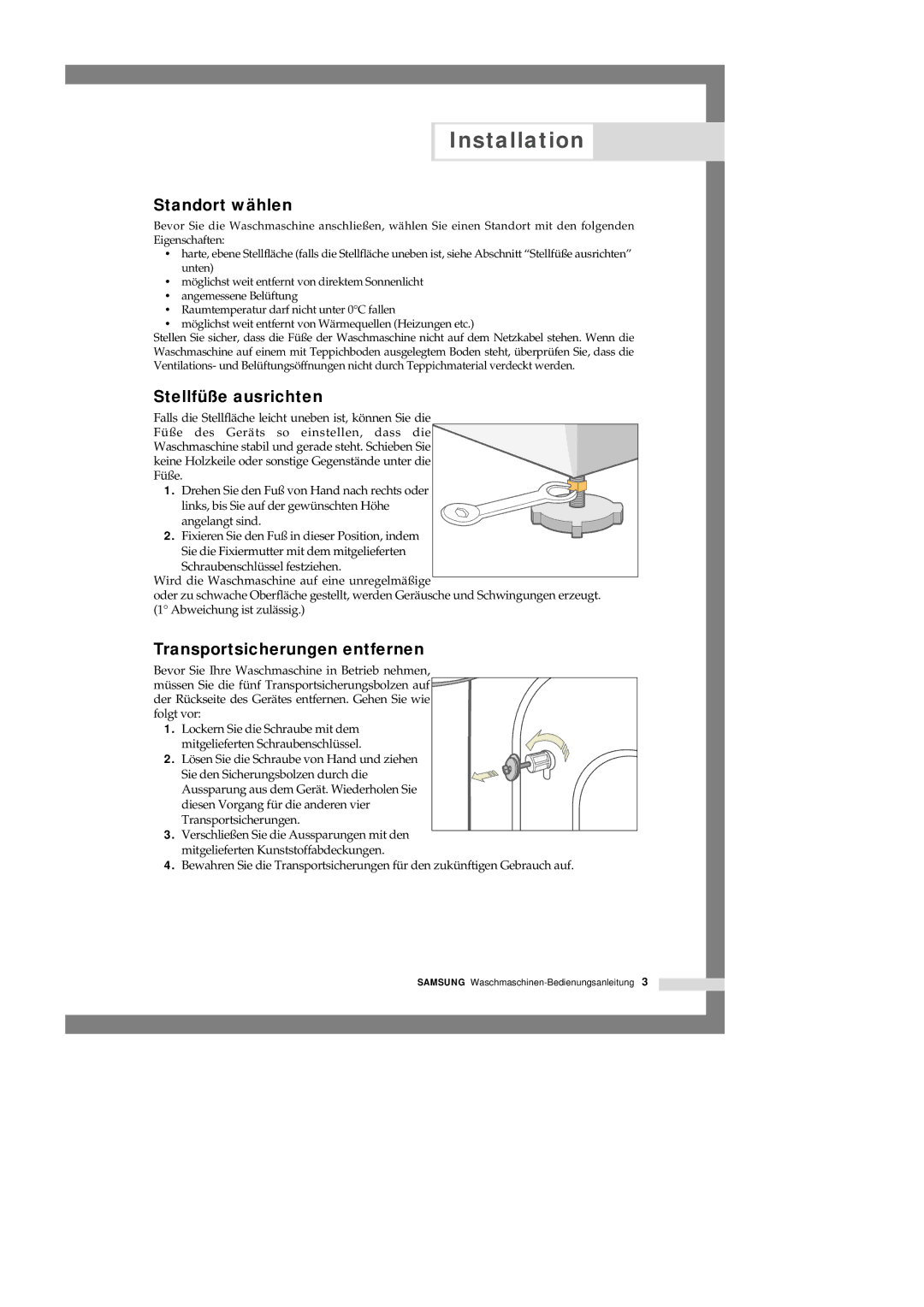 Samsung Q1457GW/XEG, Q1657GW/XEG manual Standort wählen, Stellfüße ausrichten, Transportsicherungen entfernen 