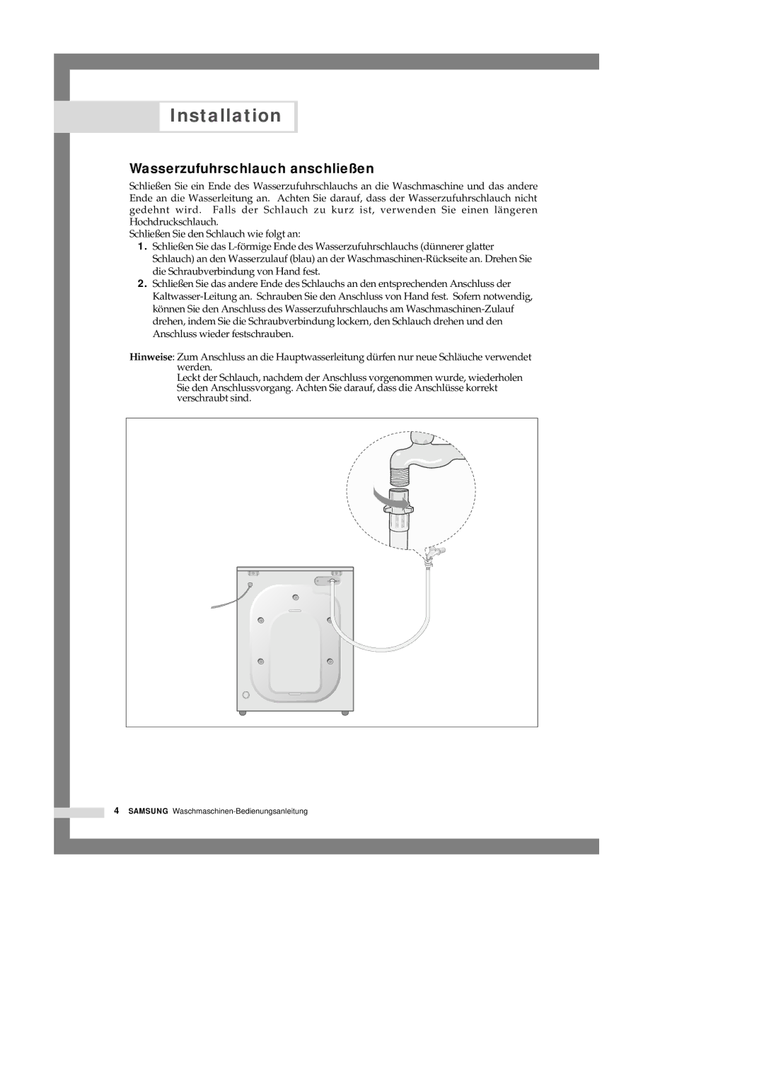 Samsung Q1657GW/XEG, Q1457GW/XEG manual Wasserzufuhrschlauch anschließen 