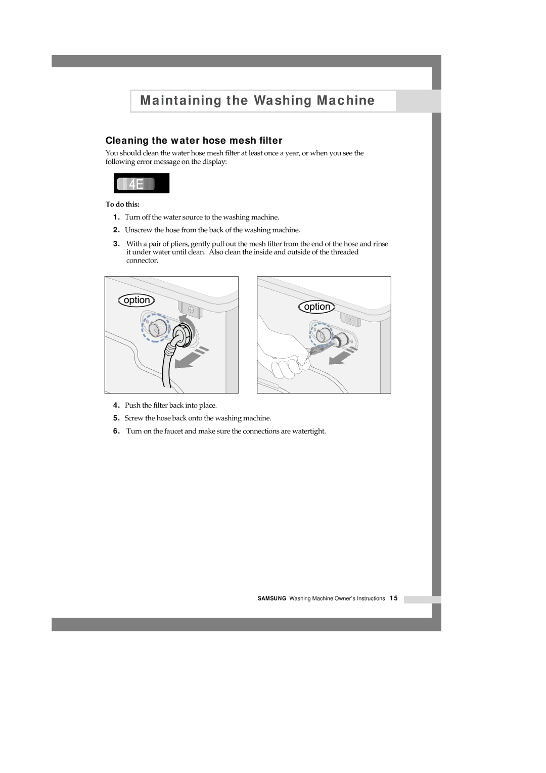 Samsung Q1457(T/S/V), Q1657(T/S/V) manual Cleaning the water hose mesh filter, To do this 