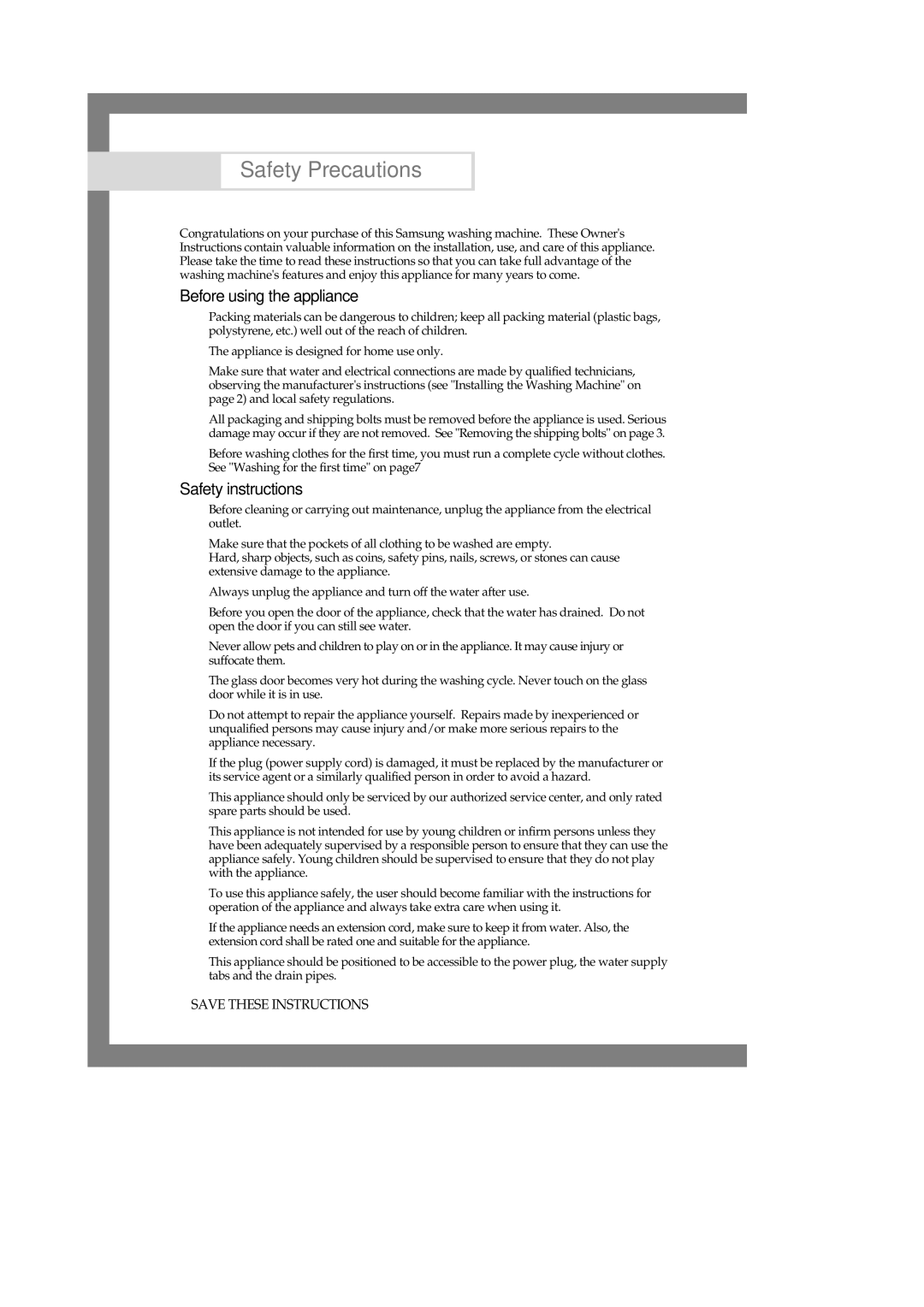 Samsung Q1657(T/S/V), Q1457(T/S/V) manual Before using the appliance, Safety instructions 