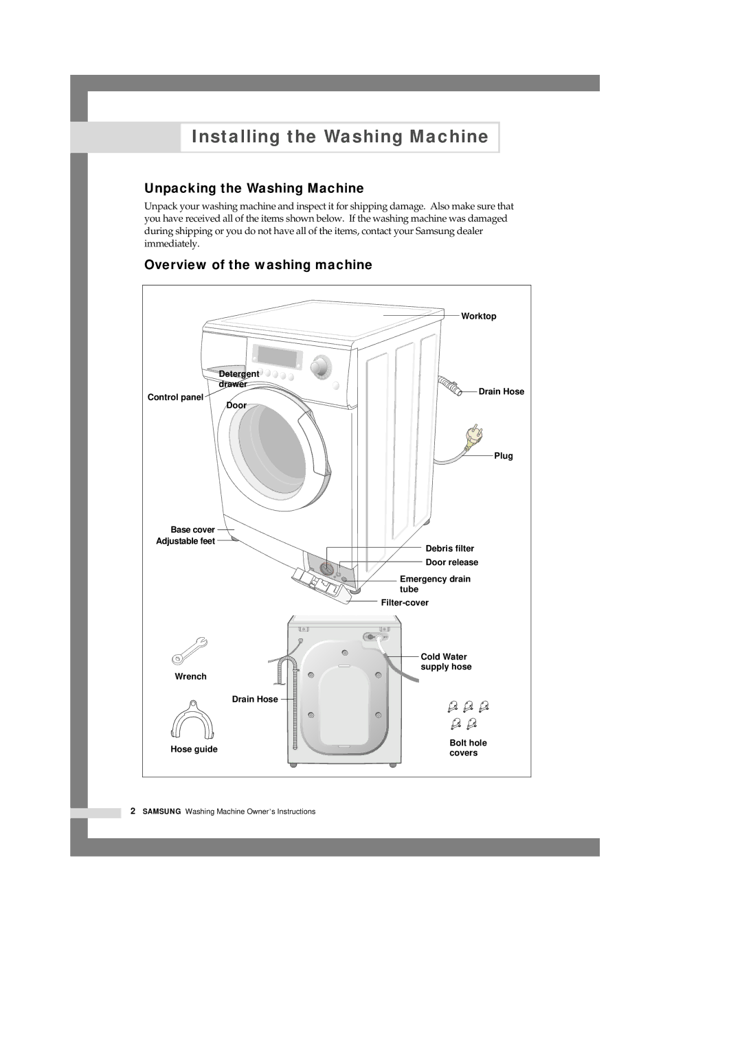 Samsung Q1657(T/S/V) manual Installing the Washing Machine, Unpacking the Washing Machine, Overview of the washing machine 