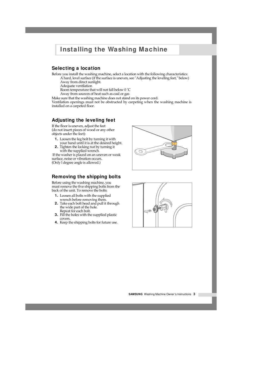 Samsung Q1457(T/S/V), Q1657(T/S/V) manual Selecting a location, Adjusting the leveling feet, Removing the shipping bolts 