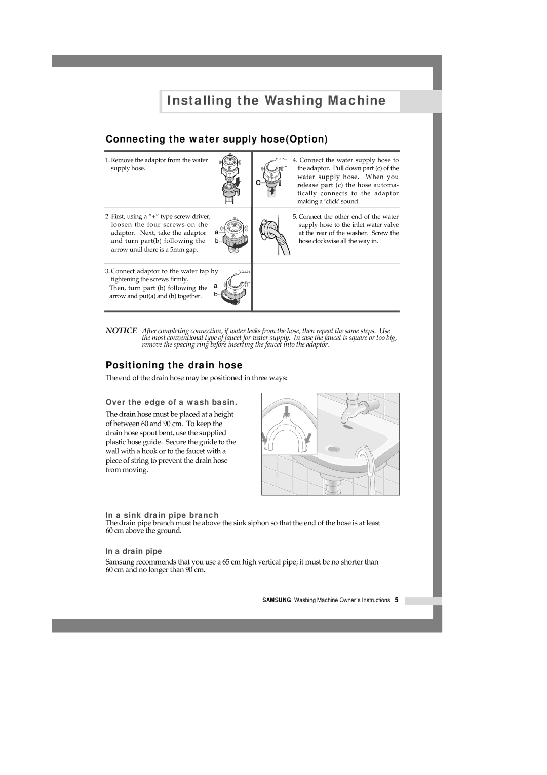 Samsung Q1457(T/S/V), Q1657(T/S/V) manual Connecting the water supply hoseOption, Positioning the drain hose 