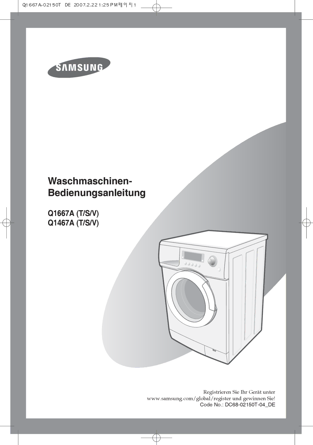 Samsung Q1467ATGW1/XEG, Q1667ATGW1/XEG, Q1667ATGW/XEG, Q1467ATGW/XEG manual Waschmaschinen- Bedienungsanleitung 