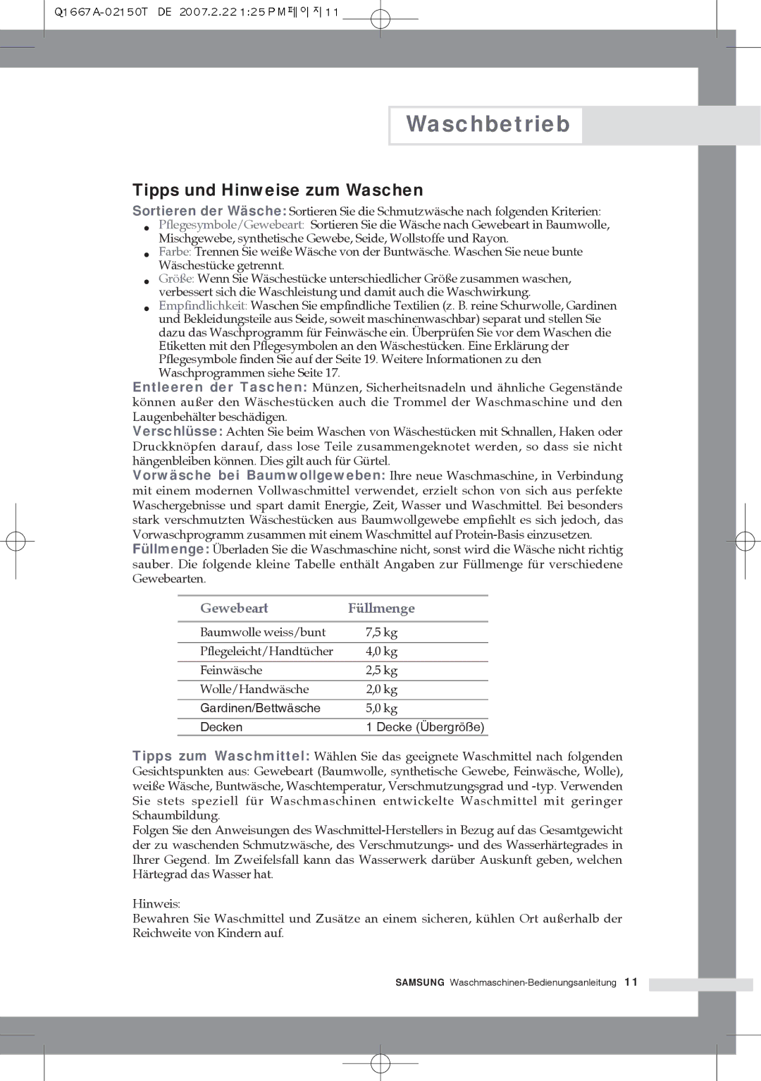 Samsung Q1467ATGW/XEG, Q1667ATGW1/XEG, Q1467ATGW1/XEG, Q1667ATGW/XEG Tipps und Hinweise zum Waschen, Gewebeart Füllmenge 