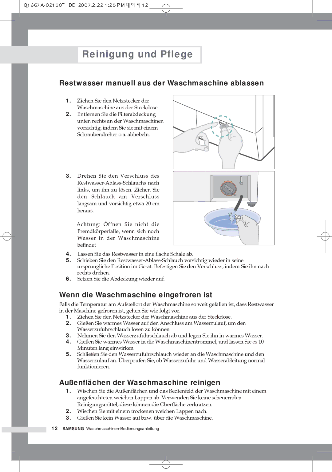 Samsung Q1667ATGW1/XEG, Q1467ATGW1/XEG manual Reinigung und Pflege, Restwasser manuell aus der Waschmaschine ablassen 