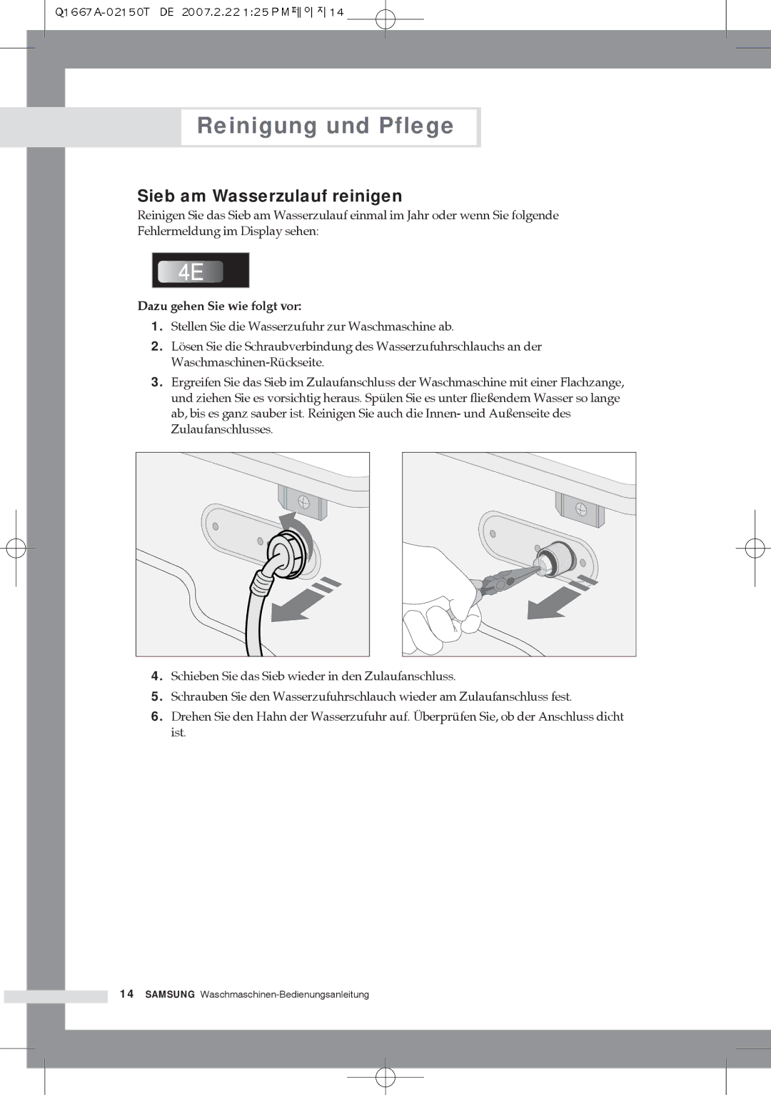 Samsung Q1667ATGW/XEG, Q1667ATGW1/XEG, Q1467ATGW1/XEG manual Sieb am Wasserzulauf reinigen, Dazu gehen Sie wie folgt vor 