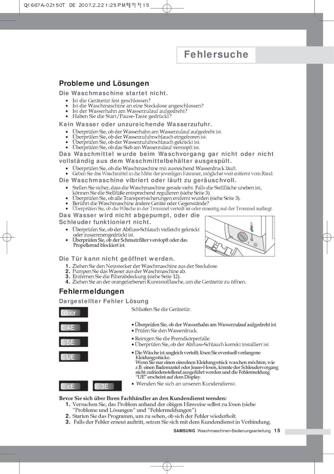 Samsung Q1467ATGW/XEG, Q1667ATGW1/XEG, Q1467ATGW1/XEG, Q1667ATGW/XEG Fehlersuche, Probleme und Lösungen, Fehlermeldungen 