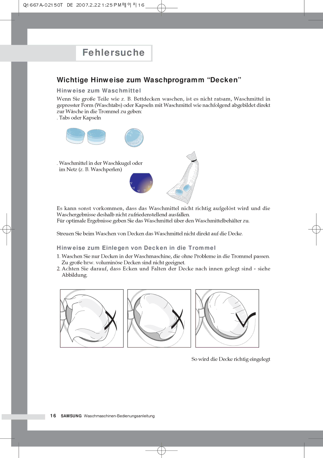 Samsung Q1667ATGW1/XEG, Q1467ATGW1/XEG, Q1667ATGW/XEG Wichtige Hinweise zum Waschprogramm Decken, Hinweise zum Waschmittel 
