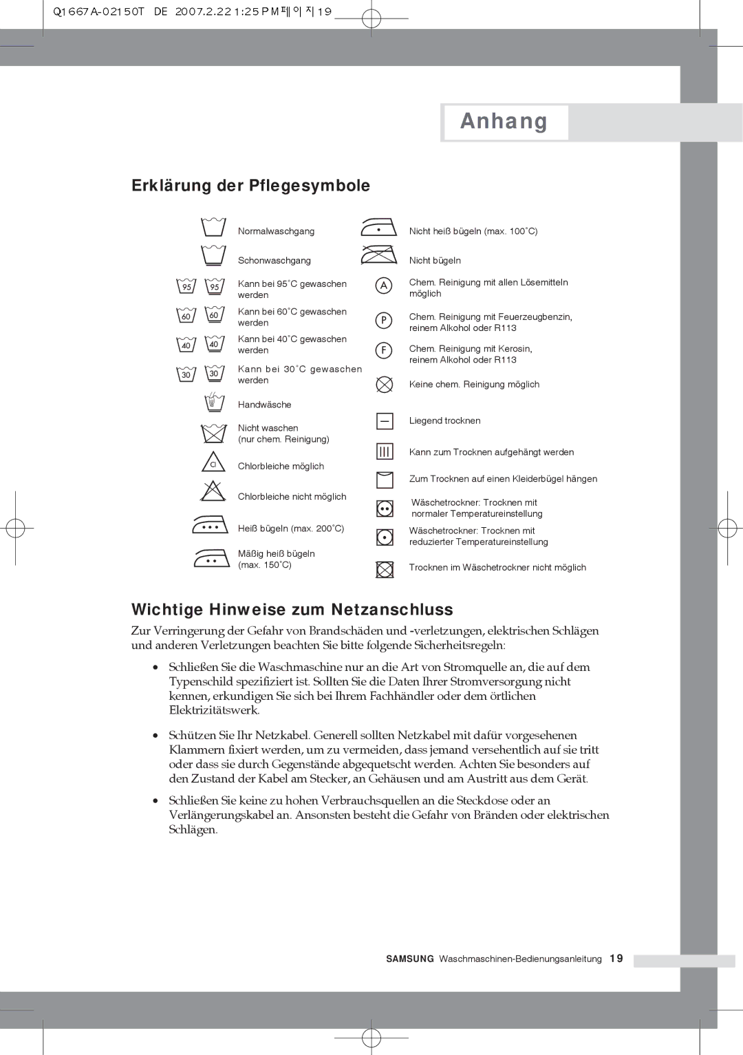 Samsung Q1467ATGW/XEG, Q1667ATGW1/XEG manual Anhang, Erklärung der Pflegesymbole, Wichtige Hinweise zum Netzanschluss 