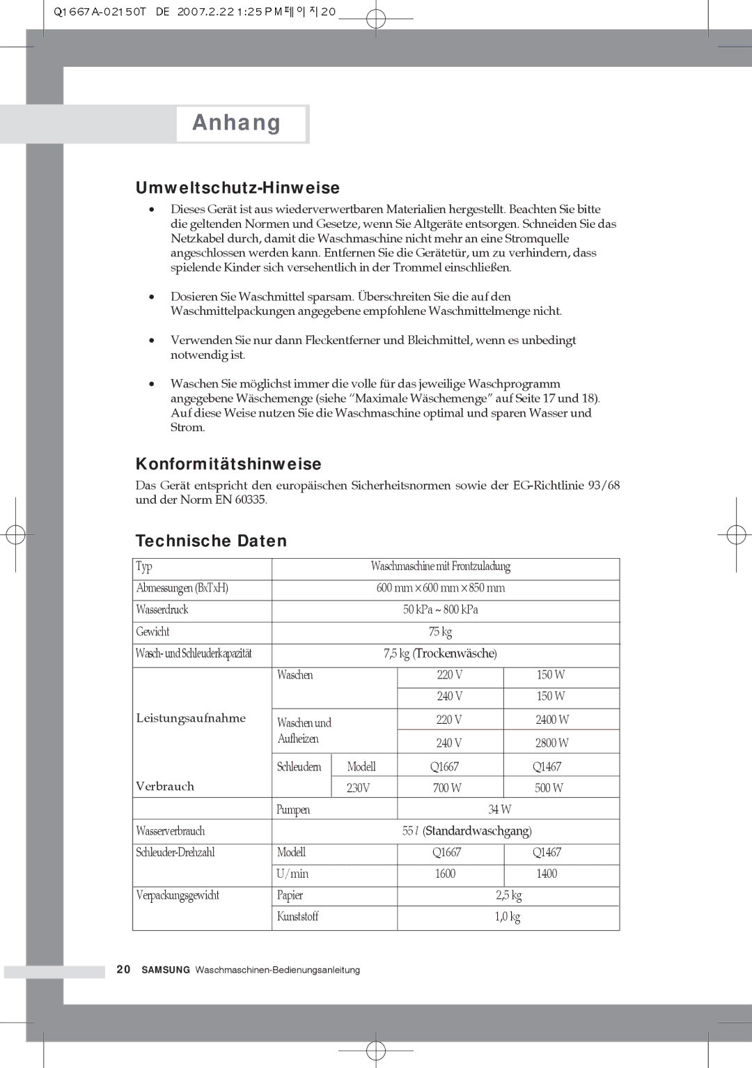 Samsung Q1667ATGW1/XEG, Q1467ATGW1/XEG, Q1667ATGW/XEG manual Umweltschutz-Hinweise, Konformitätshinweise, Technische Daten 