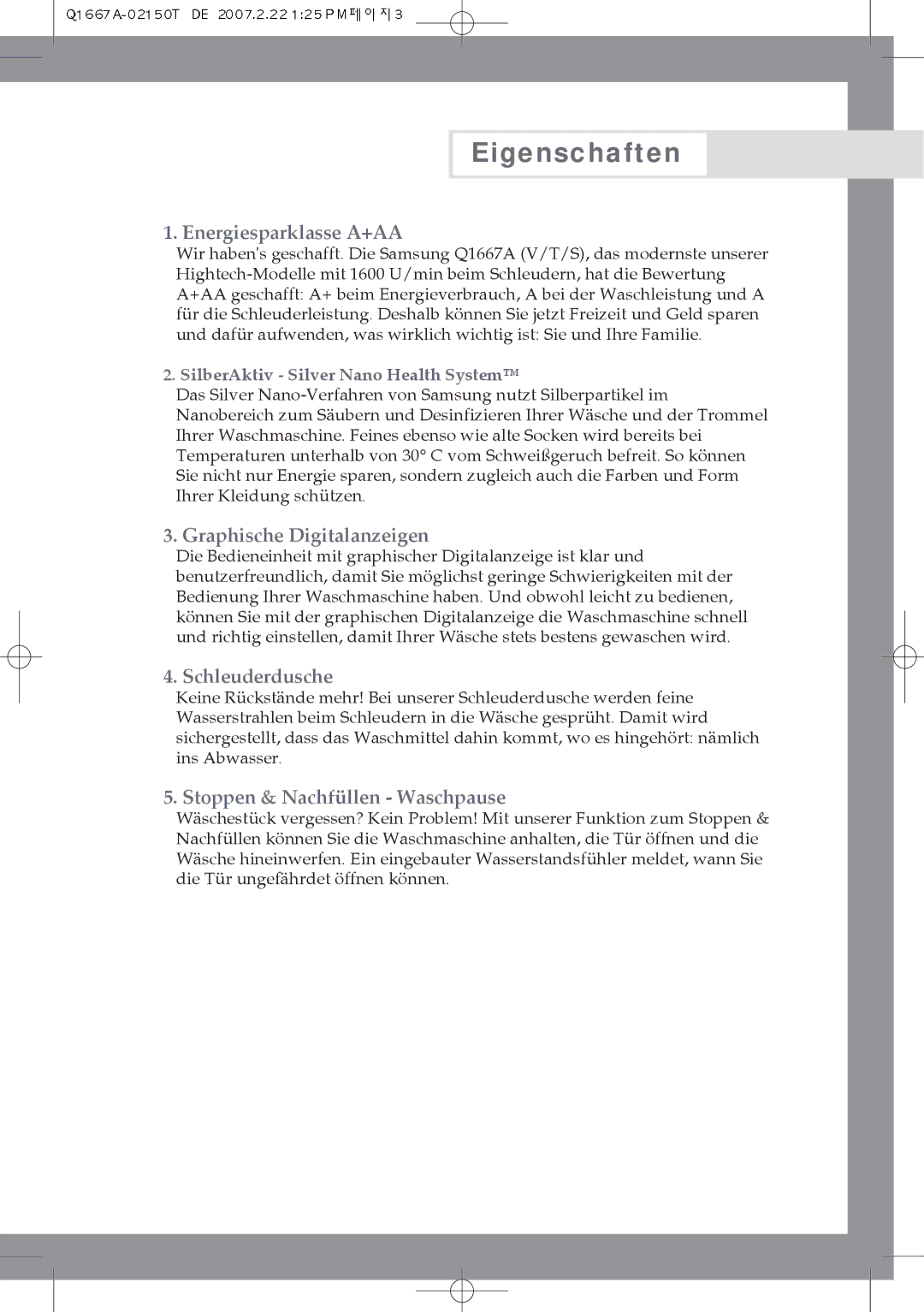 Samsung Q1467ATGW/XEG, Q1667ATGW1/XEG, Q1467ATGW1/XEG, Q1667ATGW/XEG manual Eigenschaften, Energiesparklasse A+AA 