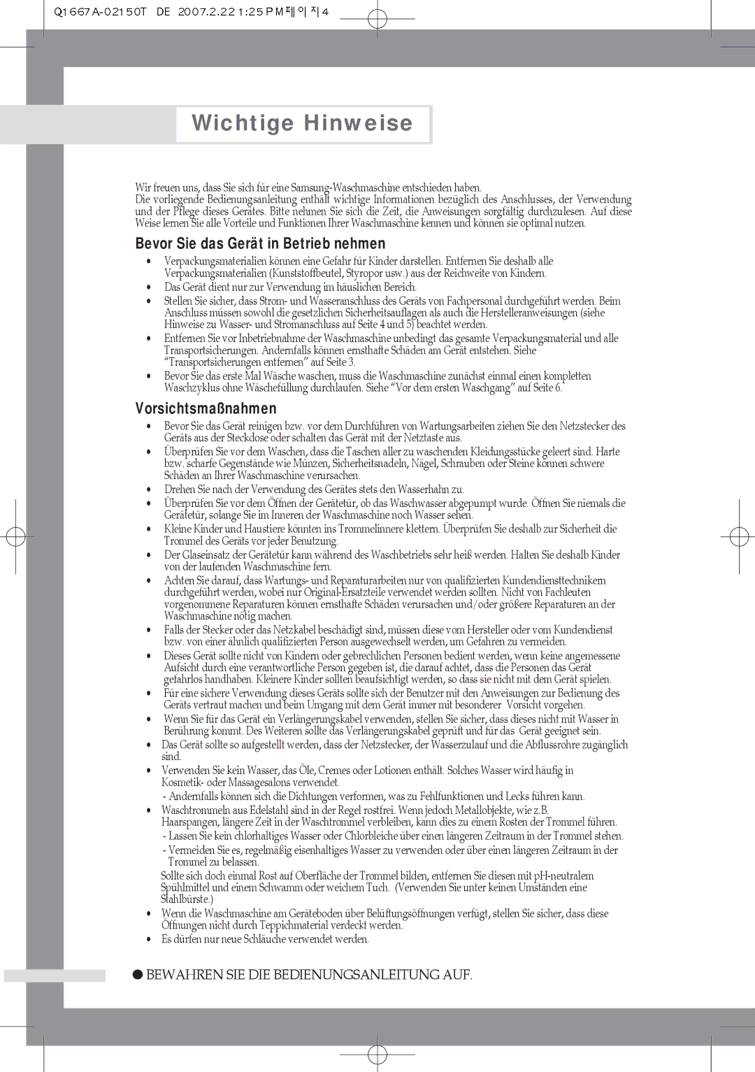 Samsung Q1667ATGW1/XEG, Q1467ATGW1/XEG, Q1667ATGW/XEG manual Wichtige Hinweise, Bevor Sie das Gerät in Betrieb nehmen 