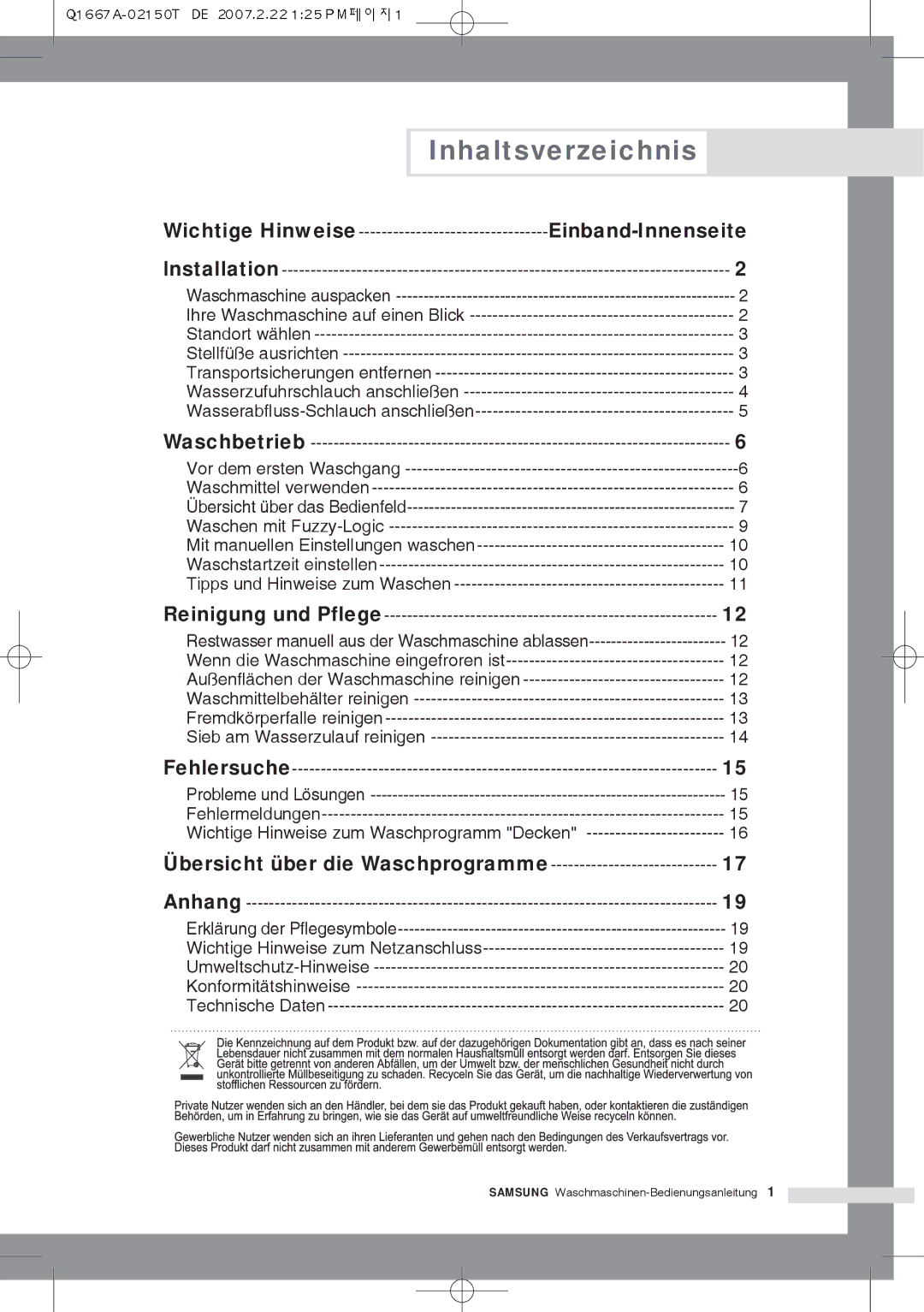 Samsung Q1467ATGW1/XEG, Q1667ATGW1/XEG manual Inhaltsverzeichnis, Einband-Innenseite, Übersicht über die Waschprogramme 